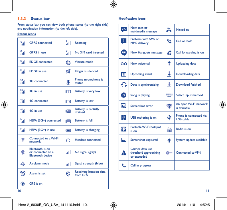 10 111�3�3  Status barFrom status bar, you can view both phone status (to the right side) and notification information (to the left side). Status iconsGPRS connected RoamingGPRS in use  No SIM card insertedEDGE connected Vibrate modeEDGE in use Ringer is silenced3G connected Phone microphone is muted3G in use Battery is very low4G connected Battery is low4G in use Battery is partially drainedHSPA (3G+) connected Battery is fullHSPA (3G+) in use Battery is chargingConnected to a Wi-Fi network Headset connectedBluetooth is on or connected to a Bluetooth deviceNo signal (gray)Airplane mode Signal strength (blue)Alarm is set Receiving location data from GPSGPS is onNotification iconsNew text or multimedia message Missed callProblem with SMS or MMS delivery Call on holdNew Hangouts message Call forwarding is onNew voicemail Uploading dataUpcoming event Downloading dataData is synchronizing Download finishedSong is playing  Select input methodScreenshot error An open Wi-Fi network is availableUSB tethering is on Phone is connected via USB cablePortable Wi-Fi  hotspot is on Radio is onScreenshot captured System update availableCarrier data use threshold approaching or exceededConnected  to VPNCall in progress Hero 2_8030B_QG_USA_141110.indd   10-11 2014/11/10   14:52:51