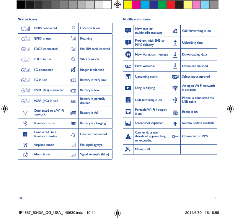 10 11Status iconsGPRS connected Location is onGPRS in use RoamingEDGE connected  No SIM card insertedEDGE in use Vibrate mode3G connected Ringer is silenced3G in use Battery is very lowHSPA (4G) connected Battery is lowHSPA (4G) in use Battery is partially drainedConnected to a Wi-Fi network Battery is fullBluetooth is on  Battery is chargingConnected  to a Bluetooth device Headset connectedAirplane mode No signal (gray)Alarm is set Signal strength (blue)Notification iconsNew text or multimedia message Call forwarding is onProblem with SMS or MMS delivery Uploading dataNew Hangouts message Downloading dataNew voicemail Download finishedUpcoming event Select input methodSong is playing  An open Wi-Fi network is availableUSB tethering is on Phone is connected via USB cablePortable Wi-Fi  hotspot is on Radio is onScreenshot captured System update availableCarrier data use threshold approaching or exceededConnected  to VPNMissed callIP4867_6043A_QG_USA_140630.indd   10-11 2014/6/30   16:18:58