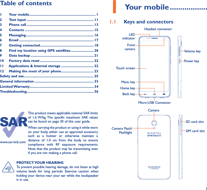 11 Your mobile ������������������1�1  Keys and connectorsMicro-USB ConnectorFront cameraLED indicatorHeadset connectorHome keyTouch screenBack keyMenu keyPower keyVolume keyCameraCamera Flash/FlashlightSD card slotSIM card slotPROTECT YOUR HEARINGTo prevent possible hearing damage, do not listen at high volume  levels  for  long  periods.  Exercise  caution  when holding your device near your ear while the loudspeaker is in use.Table of contents1  Your mobile ��������������������������������������������������������������������� 12  Text input ���������������������������������������������������������������������� 113  Phone call ���������������������������������������������������������������������� 134  Contacts ������������������������������������������������������������������������ 155  Messaging����������������������������������������������������������������������� 166   Email ������������������������������������������������������������������������������ 177  Getting connected �������������������������������������������������������� 188  Find my location using GPS satellites ������������������������ 209  Data backup ������������������������������������������������������������������ 2110  Factory data reset �������������������������������������������������������� 2211   Applications &amp; Internal storage ���������������������������������� 2212   Making the most of your phone ���������������������������������� 23Safety and use ������������������������������������������������������������������������� 25General information �������������������������������������������������������������� 33Limited Warranty ������������������������������������������������������������������� 34Troubleshooting���������������������������������������������������������������������� 36www.sar-tick.comThis product meets applicable national SAR limits of  1.6 W/kg. The  specific  maximum  SAR  values can be found on page 30 of this user guide.When carrying the product or using it while worn on your body, either use an approved accessory such  as  a  holster  or  otherwise  maintain  a distance  of  1.0  cm  from  the  body  to  ensure compliance  with  RF  exposure  requirements. Note that the product may be transmitting even if you are not making a phone call.