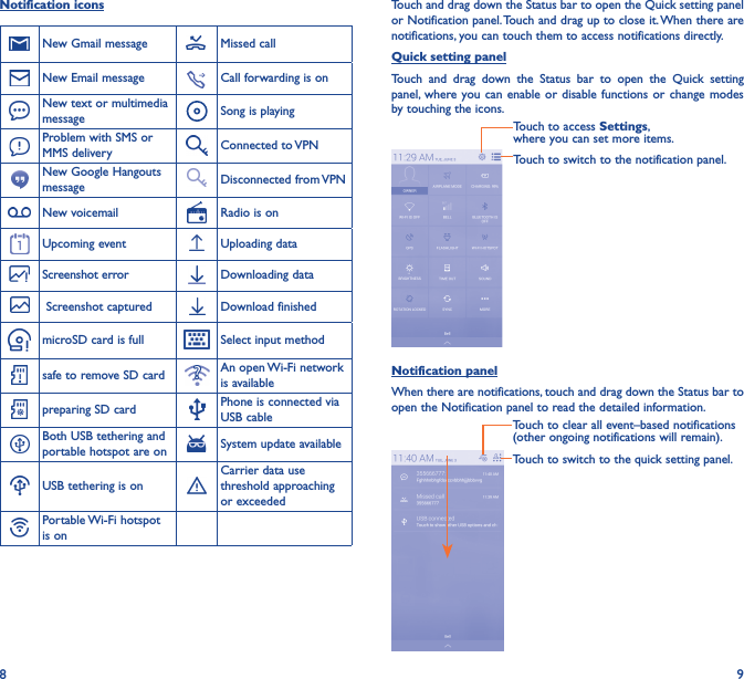 8 9Touch and drag down the Status bar to open the Quick setting panel or Notification panel. Touch and drag up to close it. When there are notifications, you can touch them to access notifications directly.Quick setting panelTouch  and  drag  down  the  Status  bar  to  open  the  Quick  setting panel,  where you can  enable or  disable functions or  change modes by touching the icons.Touch to switch to the notification panel.Touch to access Settings, where you can set more items.Notification panelWhen there are notifications, touch and drag down the Status bar to open the Notification panel to read the detailed information.Touch to clear all event–based notifications (other ongoing notifications will remain).Touch to switch to the quick setting panel.Notification iconsNew Gmail message Missed callNew Email message Call forwarding is onNew text or multimedia message Song is playingProblem with SMS or MMS delivery Connected to VPNNew Google Hangouts message Disconnected from VPNNew voicemail Radio is onUpcoming event Uploading dataScreenshot error Downloading data Screenshot captured Download finishedmicroSD card is full Select input methodsafe to remove SD card An open Wi-Fi network is availablepreparing SD card Phone is connected via USB cableBoth USB tethering and portable hotspot are on System update availableUSB tethering is onCarrier data use threshold approaching or exceededPortable Wi-Fi hotspot is on