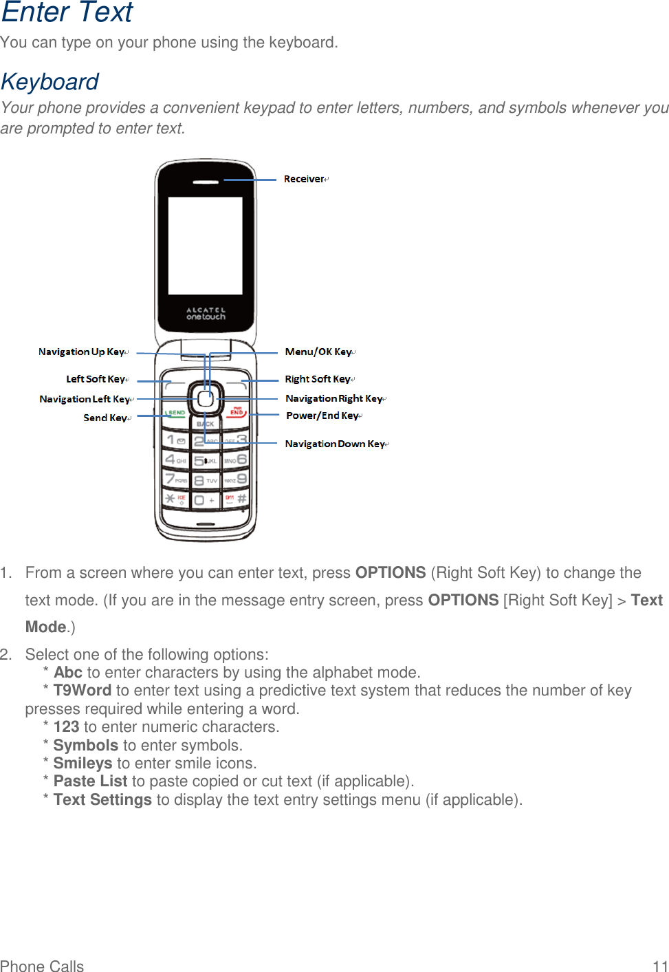 Phone Calls  11 Enter Text You can type on your phone using the keyboard.  Keyboard Your phone provides a convenient keypad to enter letters, numbers, and symbols whenever you are prompted to enter text.   1.  From a screen where you can enter text, press OPTIONS (Right Soft Key) to change the text mode. (If you are in the message entry screen, press OPTIONS [Right Soft Key] &gt; Text Mode.) 2.  Select one of the following options:     * Abc to enter characters by using the alphabet mode.     * T9Word to enter text using a predictive text system that reduces the number of key presses required while entering a word.     * 123 to enter numeric characters.     * Symbols to enter symbols.     * Smileys to enter smile icons.     * Paste List to paste copied or cut text (if applicable).     * Text Settings to display the text entry settings menu (if applicable).   