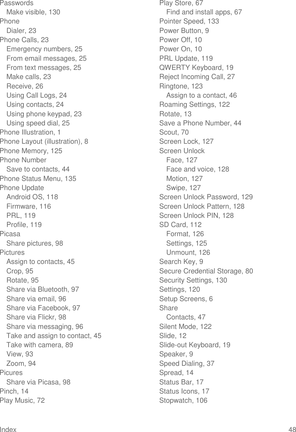 Index  48 Passwords Make visible, 130 Phone Dialer, 23 Phone Calls, 23 Emergency numbers, 25 From email messages, 25 From text messages, 25 Make calls, 23 Receive, 26 Using Call Logs, 24 Using contacts, 24 Using phone keypad, 23 Using speed dial, 25 Phone Illustration, 1 Phone Layout (illustration), 8 Phone Memory, 125 Phone Number Save to contacts, 44 Phone Status Menu, 135 Phone Update Android OS, 118 Firmware, 116 PRL, 119 Profile, 119 Picasa Share pictures, 98 Pictures Assign to contacts, 45 Crop, 95 Rotate, 95 Share via Bluetooth, 97 Share via email, 96 Share via Facebook, 97 Share via Flickr, 98 Share via messaging, 96 Take and assign to contact, 45 Take with camera, 89 View, 93 Zoom, 94 Picures Share via Picasa, 98 Pinch, 14 Play Music, 72 Play Store, 67 Find and install apps, 67 Pointer Speed, 133 Power Button, 9 Power Off, 10 Power On, 10 PRL Update, 119 QWERTY Keyboard, 19 Reject Incoming Call, 27 Ringtone, 123 Assign to a contact, 46 Roaming Settings, 122 Rotate, 13 Save a Phone Number, 44 Scout, 70 Screen Lock, 127 Screen Unlock Face, 127 Face and voice, 128 Motion, 127 Swipe, 127 Screen Unlock Password, 129 Screen Unlock Pattern, 128 Screen Unlock PIN, 128 SD Card, 112 Format, 126 Settings, 125 Unmount, 126 Search Key, 9 Secure Credential Storage, 80 Security Settings, 130 Settings, 120 Setup Screens, 6 Share Contacts, 47 Silent Mode, 122 Slide, 12 Slide-out Keyboard, 19 Speaker, 9 Speed Dialing, 37 Spread, 14 Status Bar, 17 Status Icons, 17 Stopwatch, 106 