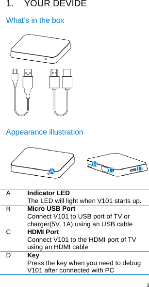 3  1. YOUR DEVIDE What’s in the box  Appearance illustration  A  Indicator LED The LED will light when V101 starts up. B Micro USB Port Connect V101 to USB port of TV or charger(5V, 1A) using an USB cable C HDMI Port Connect V101 to the HDMI port of TV using an HDMI cable D Key Press the key when you need to debug V101 after connected with PC 