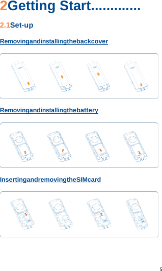   5   2Getting Start............. 2.1Set-up Removingandinstallingthebackcover  Removingandinstallingthebattery  InsertingandremovingtheSIMcard  