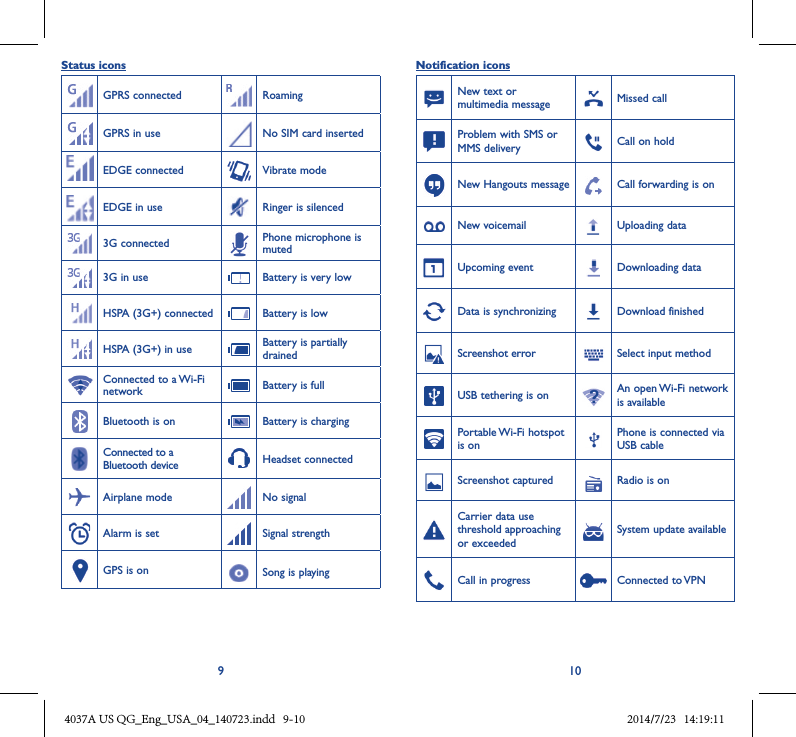 9 10Status iconsGPRS connected RoamingGPRS in use No SIM card insertedEDGE connected Vibrate modeEDGE in use Ringer is silenced3G connected Phone microphone is muted3G in use Battery is very lowHSPA (3G+) connected Battery is lowHSPA (3G+) in use Battery is partially drainedConnected to a Wi-Fi network Battery is fullBluetooth is on Battery is chargingConnected to a Bluetooth device Headset connectedAirplane mode No signalAlarm is set Signal strengthGPS is on Song is playing Notification iconsNew text or multimedia message Missed callProblem with SMS or MMS delivery Call on holdNew Hangouts message Call forwarding is onNew voicemail Uploading dataUpcoming event Downloading dataData is synchronizing Download finishedScreenshot error Select input methodUSB tethering is on An open Wi-Fi network is availablePortable Wi-Fi hotspot is onPhone is connected via USB cableScreenshot captured Radio is onCarrier data use threshold approaching or exceededSystem update availableCall in progress  Connected to VPN4037A US QG_Eng_USA_04_140723.indd   9-10 2014/7/23   14:19:11