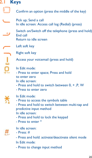   20   2.1    Keys Confirm an option (press the middle of the key)   Pick up; Send a call In idle screen: Access call log (Redial) (press) Switch on/Switch off the telephone (press and hold) End call Return to idle screen Left soft key Right soft key Access your voicemail (press and hold)   In Edit mode: - Press to enter space; Press and hold to enter zero In idle screen: - Press and hold to switch between 0, + ,P, W - Press to enter zero In Edit mode: - Press to access the symbols table   - Press and hold to switch between multi-tap and predictive input method In idle screen: - Press and hold to lock the keypad - Press to enter * In idle screen: - Press: # - Press and hold: activate/deactivate silent mode In Edit mode: - Press to change input method 