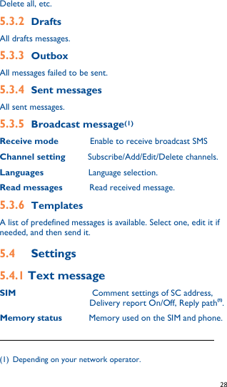   28   Delete all, etc. 5.3.2 Drafts All drafts messages. 5.3.3 Outbox All messages failed to be sent. 5.3.4 Sent messages All sent messages. 5.3.5 Broadcast message(1) Receive mode            Enable to receive broadcast SMS Channel setting      Subscribe/Add/Edit/Delete channels. Languages          Language selection. Read messages       Read received message. 5.3.6 Templates A list of predefined messages is available. Select one, edit it if needed, and then send it. 5.4 Settings 5.4.1 Text message SIM                 Comment settings of SC address, Delivery report On/Off, Reply path(1). Memory status       Memory used on the SIM and phone.                                                              (1) Depending on your network operator. 