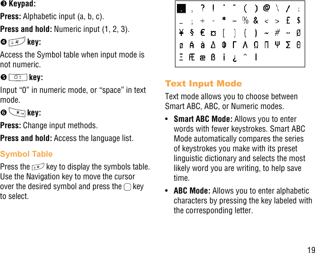 19 Keypad:Press: Alphabetic input (a, b, c).Press and hold: Numeric input (1, 2, 3).   key:Access the Symbol table when input mode is not numeric.  key:Input “0” in numeric mode, or “space” in text mode.  key:Press: Change input methods.Press and hold: Access the language list. Symbol TablePress the   key to display the symbols table. Use the Navigation key to move the cursor over the desired symbol and press the   key to select.Text Input Mode Text mode allows you to choose between Smart ABC, ABC, or Numeric modes.•  Smart ABC Mode: Allows you to enter words with fewer keystrokes. Smart ABC Mode automatically compares the series of keystrokes you make with its preset linguistic dictionary and selects the most likely word you are writing, to help save time.•  ABC Mode: Allows you to enter alphabetic characters by pressing the key labeled with the corresponding letter.