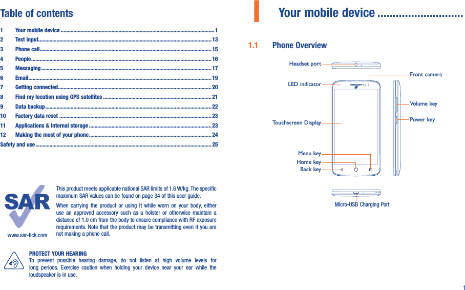 11  Your mobile device ............................1.1  Phone OverviewMicro-USB Charging PortFront cameraLED indicatorHeadset portPower keyHome keyTouchscreen DisplayBack keyMenu keyVolume keyTable of contents1  Your mobile device ............................................................................................................. 12  Text input........................................................................................................................... 133  Phone call.......................................................................................................................... 154  People ................................................................................................................................ 165  Messaging ......................................................................................................................... 176   Email .................................................................................................................................. 197  Getting connected ............................................................................................................. 208  Find my location using GPS satellites ............................................................................. 219  Data backup ...................................................................................................................... 2210  Factory data reset ............................................................................................................ 2311   Applications &amp; Internal storage ....................................................................................... 2312   Making the most of your phone ....................................................................................... 24Safety and use ............................................................................................................................. 25www.sar-tick.comThis product meets applicable national SAR limits of 1.6 W/kg. The specific maximum SAR values can be found on page 34 of this user guide.When  carrying  the  product  or  using  it  while  worn  on  your  body,  either use  an  approved  accessory  such  as  a holster  or  otherwise  maintain  a distance of 1.0 cm from the body to ensure compliance with RF exposure requirements. Note that the product may be transmitting even if you are not making a phone call.PROTECT YOUR HEARINGTo  prevent  possible  hearing  damage,  do  not  listen  at  high  volume  levels  for long  periods.  Exercise  caution  when  holding  your  device  near  your  ear  while  the loudspeaker is in use.