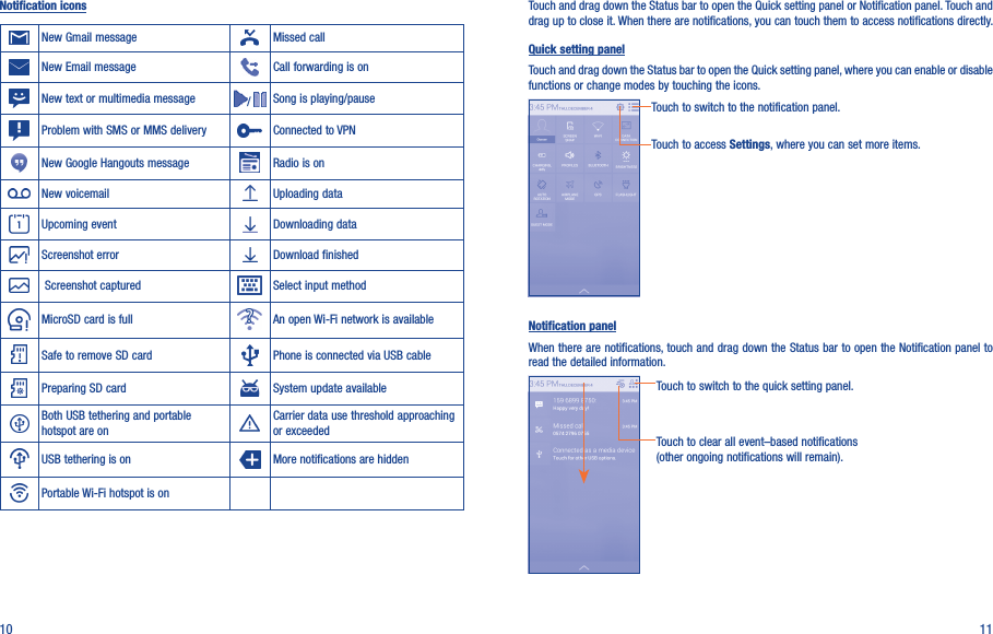 10 11Notification iconsNew Gmail message Missed callNew Email message Call forwarding is onNew text or multimedia message /  Song is playing/pauseProblem with SMS or MMS delivery Connected to VPNNew Google Hangouts message Radio is onNew voicemail Uploading dataUpcoming event Downloading dataScreenshot error Download finished Screenshot captured Select input methodMicroSD card is full An open Wi-Fi network is availableSafe to remove SD card Phone is connected via USB cablePreparing SD card System update availableBoth USB tethering and portable hotspot are onCarrier data use threshold approaching or exceededUSB tethering is on More notifications are hiddenPortable Wi-Fi hotspot is onTouch and drag down the Status bar to open the Quick setting panel or Notification panel. Touch and drag up to close it. When there are notifications, you can touch them to access notifications directly.Quick setting panelTouch and drag down the Status bar to open the Quick setting panel, where you can enable or disable functions or change modes by touching the icons.Touch to switch to the notification panel.Touch to access Settings, where you can set more items.Notification panelWhen there are notifications, touch and drag down the Status bar to open the Notification panel to read the detailed information.Touch to clear all event–based notifications (other ongoing notifications will remain).Touch to switch to the quick setting panel.