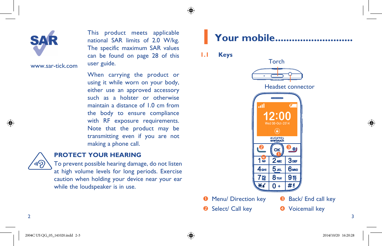 2 3www.sar-tick.comThis  product  meets  applicable national  SAR  limits  of  2.0  W/kg. The  specific  maximum  SAR  values can  be  found  on  page  28  of  this user guide.When  carrying  the  product  or using it while worn on your body, either  