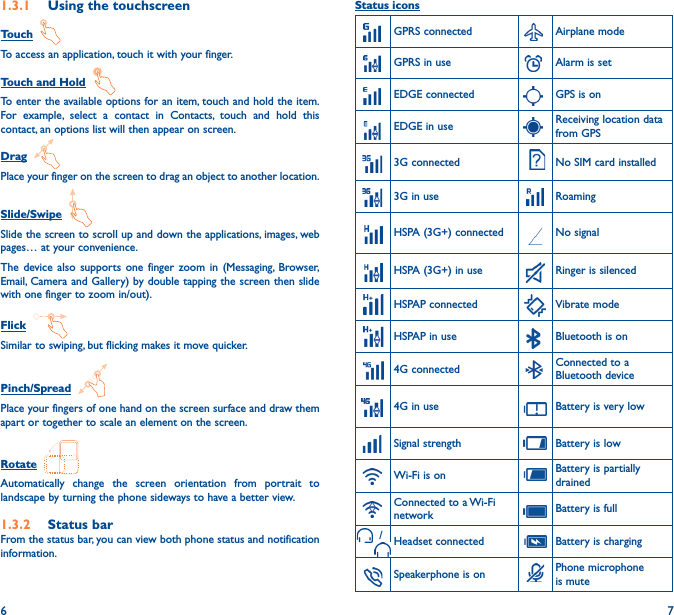 6 71�3�1  Using the touchscreenTouch  To access an application, touch it with your finger.Touch and Hold  To enter the available options for an item, touch and hold the item. For example, select a contact in Contacts, touch and hold this contact, an options list will then appear on screen.Drag  Place your finger on the screen to drag an object to another location.Slide/Swipe  Slide the screen to scroll up and down the applications, images, web pages… at your convenience.The device also supports one finger zoom in (Messaging, Browser, Email, Camera and Gallery) by double tapping the screen then slide with one finger to zoom in/out).Flick  Similar to swiping, but flicking makes it move quicker.Pinch/Spread  Place your fingers of one hand on the screen surface and draw them apart or together to scale an element on the screen.Rotate  Automatically change the screen orientation from portrait to landscape by turning the phone sideways to have a better view.1�3�2  Status barFrom the status bar, you can view both phone status and notification information. Status iconsGPRS connected Airplane modeGPRS in use Alarm is setEDGE connected GPS is onEDGE in use Receiving location data from GPS3G connected  No SIM card installed3G in use RoamingHSPA (3G+) connected    No signalHSPA (3G+) in use Ringer is silencedHSPAP connected Vibrate modeHSPAP in use Bluetooth is on4G connected Connected to a Bluetooth device4G in use       Battery is very lowSignal strength Battery is lowWi-Fi is on Battery is partially drainedConnected to a Wi-Fi network Battery is full      /       Headset connected Battery is chargingSpeakerphone is on Phone microphone is mute