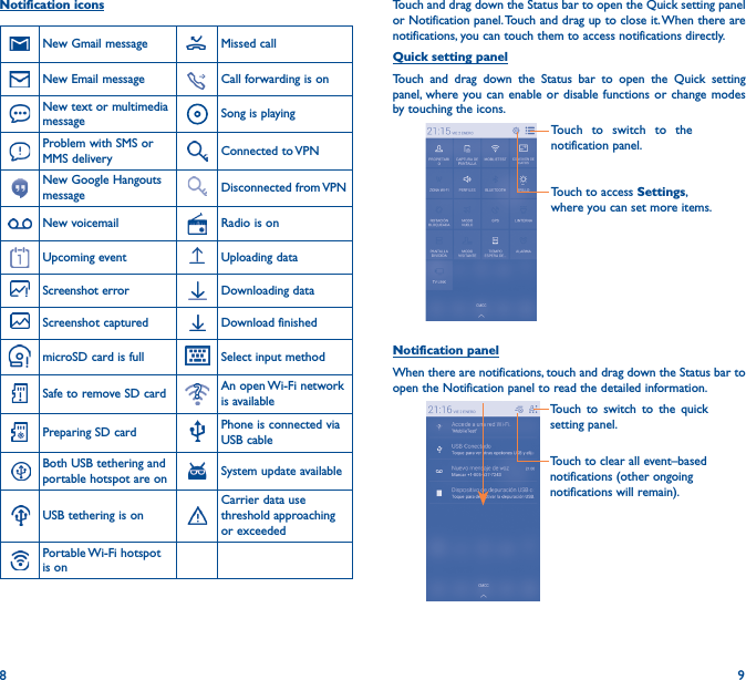 8 9Touch and drag down the Status bar to open the Quick setting panel or Notification panel. Touch and drag up to close it. When there are notifications, you can touch them to access notifications directly.Quick setting panelTouch and drag down the Status bar to open the Quick setting panel, where you can enable or disable functions or change modes by touching the icons.Touch to switch to the notification panel.Touch to access Settings, where you can set more items.Notification panelWhen there are notifications, touch and drag down the Status bar to open the Notification panel to read the detailed information.Touch to clear all event–based notifications (other ongoing notifications will remain).Touch to switch to the quick setting panel.Notification iconsNew Gmail message Missed callNew Email message Call forwarding is onNew text or multimedia message Song is playingProblem with SMS or MMS delivery Connected  to VPNNew Google Hangouts message Disconnected  from VPNNew voicemail Radio is onUpcoming event Uploading dataScreenshot error Downloading dataScreenshot captured Download finishedmicroSD card is full Select input methodSafe to remove SD card An open Wi-Fi network is availablePreparing SD card Phone is connected via USB cableBoth USB tethering and portable hotspot are on System update availableUSB tethering is onCarrier data use threshold approaching or exceededPortable Wi-Fi hotspot is on