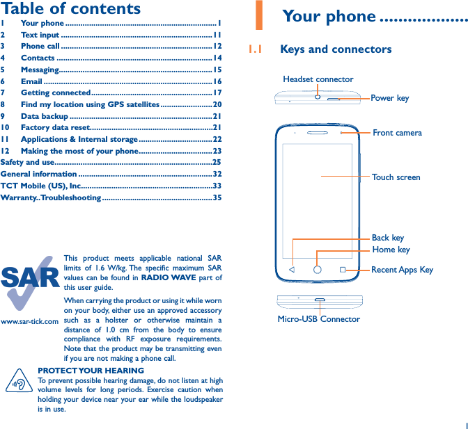 11 Your phone �������������������1�1  Keys and connectorsMicro-USB ConnectorFront cameraHeadset connectorHome keyTouch screenBack keyRecent Apps KeyPower keyPROTECT YOUR  HEARINGTo prevent possible hearing damage, do not listen at high volume levels for long periods. Exercise caution when holding your device near your ear while the loudspeaker is in use.Table of contents1  Your phone ����������������������������������������������������������������������12  Text input ����������������������������������������������������������������������113  Phone call ����������������������������������������������������������������������124 Contacts ������������������������������������������������������������������������145 Messaging�����������������������������������������������������������������������156   Email ������������������������������������������������������������������������������167  Getting connected �������������������������������������������������������� 178  Find my location using GPS satellites ������������������������209  Data backup ������������������������������������������������������������������2110  Factory data reset���������������������������������������������������������2111   Applications &amp; Internal storage ����������������������������������2212   Making the most of your phone ���������������������������������� 23Safety and use�������������������������������������������������������������������������25General information ��������������������������������������������������������������32TCT Mobile (US), Inc�������������������������������������������������������������33Warranty��Troubleshooting ���������������������������������������������������35www.sar-tick.comThis product meets applicable national SAR limits of 1.6 W/kg. The specific maximum SAR values can be found in RADIO WAVE part of this user guide.When carrying the product or using it while worn on your body, either use an approved accessory such as a holster or otherwise maintain a distance of 1.0 cm from the body to ensure compliance with RF exposure requirements. Note that the product may be transmitting even if you are not making a phone call.