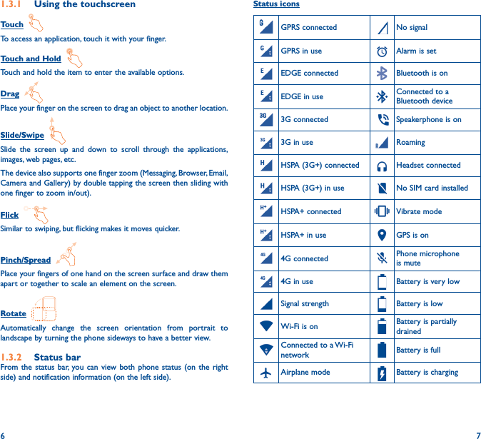 6 71�3�1  Using the touchscreenTouch  To access an application, touch it with your finger.Touch and Hold  Touch and hold the item to enter the available options. Drag  Place your finger on the screen to drag an object to another location.Slide/Swipe  Slide the screen up and down to scroll through the applications, images, web pages, etc.The device also supports one finger zoom (Messaging, Browser, Email, Camera and Gallery) by double tapping the screen then sliding with one finger to zoom in/out).Flick  Similar to swiping, but flicking makes it moves quicker.Pinch/Spread  Place your fingers of one hand on the screen surface and draw them apart or together to scale an element on the screen.Rotate  Automatically change the screen orientation from portrait to landscape by turning the phone sideways to have a better view.1�3�2  Status barFrom the status bar, you can view both phone status (on the right side) and notification information (on the left side). Status iconsGPRS connected No signalGPRS in use Alarm is setEDGE connected Bluetooth is onEDGE in use Connected to a Bluetooth device3G connected  Speakerphone is on3G in use RoamingHSPA (3G+) connected Headset connectedHSPA (3G+) in use No SIM card installedHSPA+ connected Vibrate modeHSPA+ in use GPS is on4G connected Phone microphone is mute4G in use Battery is very lowSignal strength Battery is lowWi-Fi is on Battery is partially drainedConnected to a Wi-Fi network Battery is fullAirplane mode Battery is charging