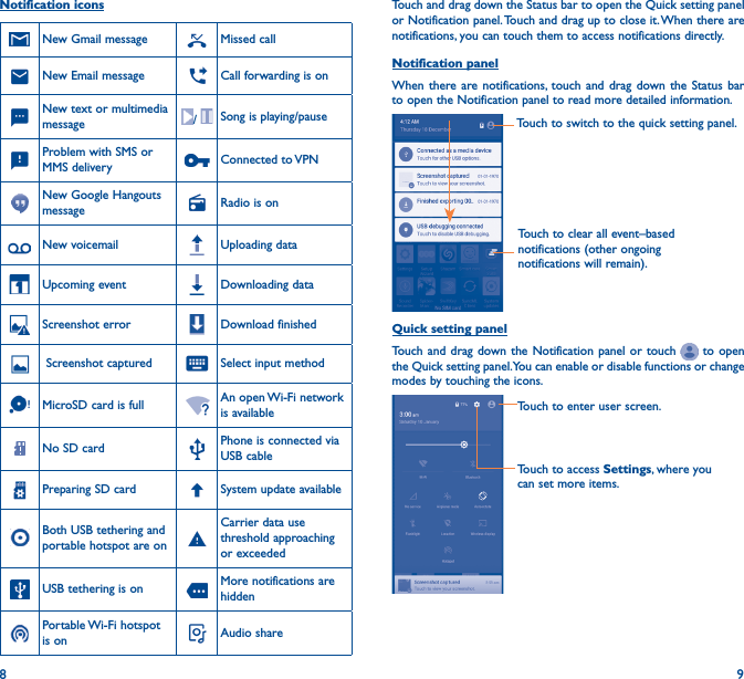 8 9Touch and drag down the Status bar to open the Quick setting panel or Notification panel. Touch and drag up to close it. When there are notifications, you can touch them to access notifications directly.Notification panelWhen there are notifications, touch and drag down the Status bar to open the Notification panel to read more detailed information.Touch to clear all event–based notifications (other ongoing notifications will remain).Touch to switch to the quick setting panel.Quick setting panelTouch and drag down the Notification panel or touch   to open the Quick setting panel. You can enable or disable functions or change modes by touching the icons.Touch to enter user screen.Touch to access Settings, where you can set more items.Notification iconsNew Gmail message Missed callNew Email message Call forwarding is onNew text or multimedia message /  Song is playing/pauseProblem with SMS or MMS delivery Connected  to VPNNew Google Hangouts message Radio is onNew voicemail Uploading dataUpcoming event Downloading dataScreenshot error Download finished Screenshot captured Select input methodMicroSD card is full An open Wi-Fi network is availableNo SD card Phone is connected via USB cablePreparing SD card System update availableBoth USB tethering and portable hotspot are onCarrier data use threshold approaching or exceededUSB tethering is on More notifications are hiddenPortable Wi-Fi  hotspot is on Audio share