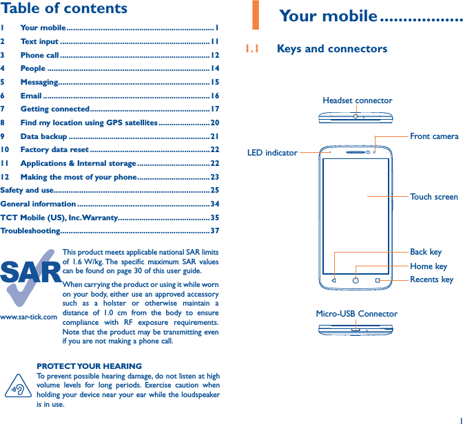 11 Your mobile ������������������1�1  Keys and connectorsMicro-USB ConnectorFront cameraHeadset connectorLED indicatorHome keyTouch screenBack keyRecents keyPROTECT YOUR  HEARINGTo prevent possible hearing damage, do not listen at high volume levels for long periods. Exercise caution when holding your device near your ear while the loudspeaker is in use.Table of contents1  Your mobile ��������������������������������������������������������������������� 12  Text input ����������������������������������������������������������������������113  Phone call ����������������������������������������������������������������������124 People ����������������������������������������������������������������������������145 Messaging�����������������������������������������������������������������������156   Email ������������������������������������������������������������������������������167  Getting connected �������������������������������������������������������� 178  Find my location using GPS satellites ������������������������209  Data backup ������������������������������������������������������������������2110  Factory data reset ��������������������������������������������������������2211   Applications &amp; Internal storage ����������������������������������2212   Making the most of your phone ���������������������������������� 23Safety and use �������������������������������������������������������������������������25General information ��������������������������������������������������������������34TCT Mobile (US), Inc�Warranty�������������������������������������������35Troubleshooting����������������������������������������������������������������������37www.sar-tick.comThis product meets applicable national SAR limits of 1.6 W/kg. The specific maximum SAR values can be found on page 30 of this user guide.When carrying the product or using it while worn on your body, either use an approved accessory such as a holster or otherwise maintain a distance of 1.0 cm from the body to ensure compliance with RF exposure requirements. Note that the product may be transmitting even if you are not making a phone call.