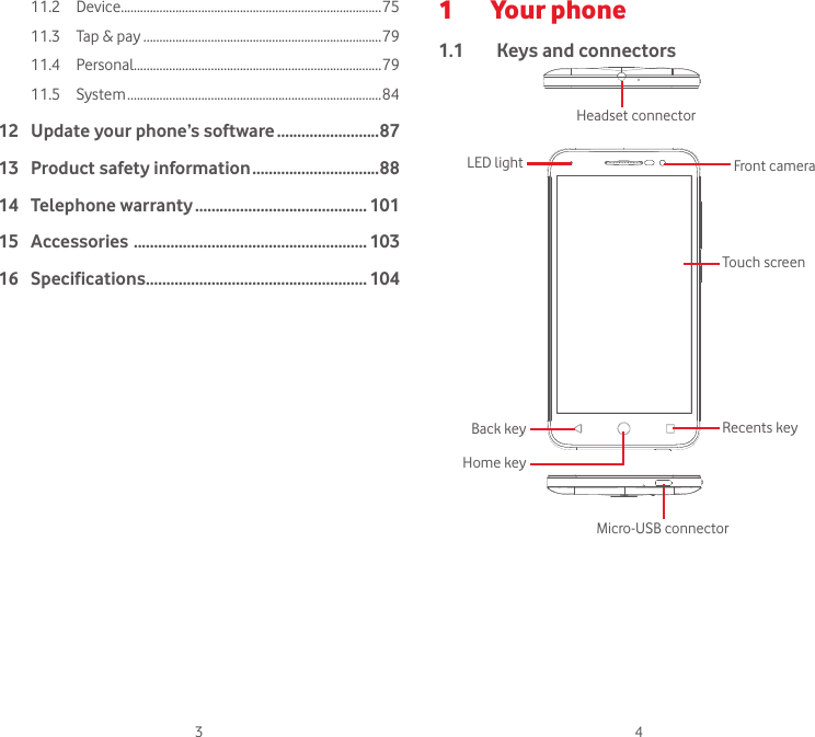 3 411.2  Device .................................................................................7511.3  Tap &amp; pay ..........................................................................7911.4  Personal.............................................................................7911.5  System ...............................................................................8412   Update your phone’s software .........................8713   Product safety information ...............................8814  Telephone warranty .......................................... 10115  Accessories  ......................................................... 10316  Specifications ...................................................... 1041  Your phone1.1  Keys and connectorsMicro-USB connectorBack keyLED lightHome keyRecents keyTouch screenFront cameraHeadset connector 