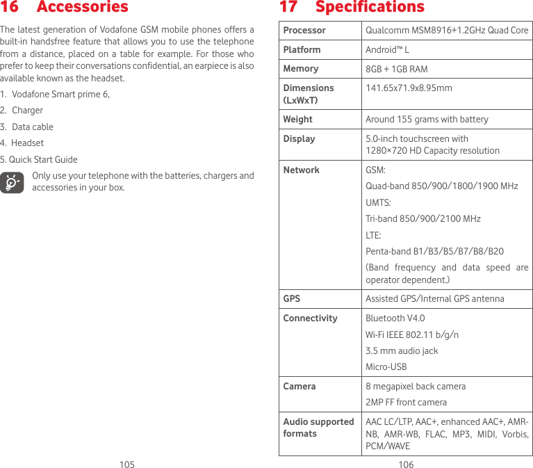 105 10616  Accessories  The latest generation of Vodafone  GSM  mobile phones offers a built-in handsfree feature that allows you  to  use  the telephone from  a  distance, placed  on  a  table  for example.  For  those  who prefer to keep their conversations confidential, an earpiece is also available known as the headset.1.  Vodafone Smart prime 6, 2.  Charger3.  Data cable4.  Headset5. Quick Start GuideOnly use your telephone with the batteries, chargers and accessories in your box.17  SpecificationsProcessor Qualcomm MSM8916+1.2GHz Quad CorePlatform Android™ LMemory 8GB + 1GB RAMDimensions (LxWxT)141.65x71.9x8.95mm Weight Around 155 grams with batteryDisplay 5.0-inch touchscreen with  1280×720 HD Capacity resolutionNetwork GSM:Quad-band 850/900/1800/1900 MHzUMTS:Tri-band 850/900/2100 MHzLTE:Penta-band B1/B3/B5/B7/B8/B20(Band  frequency  and  data  speed  are operator dependent.)GPS Assisted GPS/Internal GPS antennaConnectivity Bluetooth V4.0Wi-Fi IEEE 802.11 b/g/n3.5 mm audio jackMicro-USBCamera 8 megapixel back camera2MP FF front cameraAudio supported formatsAAC LC/LTP, AAC+, enhanced AAC+, AMR-NB,  AMR-WB,  FLAC,  MP3,  MIDI,  Vorbis, PCM/WAVE