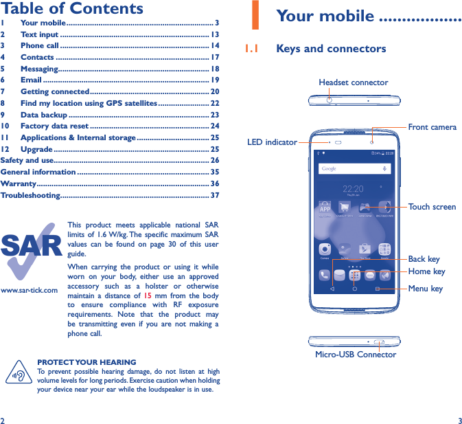 2 3PROTECT YOUR  HEARINGTo prevent possible hearing damage, do not listen at high volume levels for long periods. Exercise caution when holding your device near your ear while the loudspeaker is in use.www.sar-tick.comThis product meets applicable national SAR limits of 1.6 W/kg. The specific maximum SAR values can be found on page 30 of this user guide.When carrying the product or using it while worn on your body, either use an approved accessory such as a holster or otherwise maintain a distance of 15 mm from the body to ensure compliance with RF exposure requirements. Note that the product may be transmitting even if you are not making a phone call.1 Your mobile ������������������1�1  Keys and connectorsMicro-USB ConnectorFront cameraHeadset connectorLED indicatorHome keyTouch screenBack keyMenu keyTable of Contents1  Your mobile ��������������������������������������������������������������������� 32  Text input ���������������������������������������������������������������������� 133  Phone call ���������������������������������������������������������������������� 144 Contacts ������������������������������������������������������������������������ 175 Messaging����������������������������������������������������������������������� 186   Email ������������������������������������������������������������������������������ 197  Getting connected �������������������������������������������������������� 208  Find my location using GPS satellites ������������������������ 229  Data backup ������������������������������������������������������������������ 2310  Factory data reset �������������������������������������������������������� 2411   Applications &amp; Internal storage ���������������������������������� 2512 Upgrade ������������������������������������������������������������������������� 25Safety and use ������������������������������������������������������������������������� 26General information �������������������������������������������������������������� 35Warranty ��������������������������������������������������������������������������������� 36Troubleshooting���������������������������������������������������������������������� 37