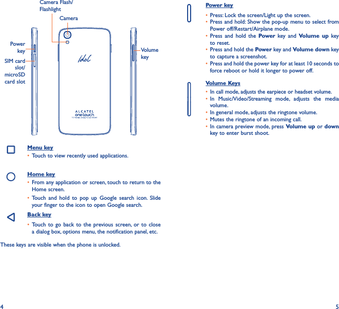 4 5CameraCamera Flash/FlashlightPower keySIM card slot/microSD  card slotVolume keyMenu key•  Touch to view recently used applications.Home key•  From any application or screen, touch to return to the Home screen.•  Touch and hold to pop up Google search icon. Slide your finger to the icon to open Google search.Back key•  Touch to go back to the previous screen, or to close a dialog box, options menu, the notification panel, etc.These keys are visible when the phone is unlocked. Power key•  Press: Lock the screen/Light up the screen.•  Press and hold: Show the pop-up menu to select from Power off/Restart/Airplane mode.•  Press and hold the Power key and Volume up key to reset.•  Press and hold the Power key and Volume down key to capture a screenshot.•  Press and hold the power key for at least 10 seconds to force reboot or hold it longer to power off.Volume Keys •  In call mode, adjusts the earpiece or headset volume.•  In Music/Video/Streaming mode, adjusts the media volume.•  In general mode, adjusts the ringtone volume.•  Mutes the ringtone of an incoming call.•  In camera preview mode, press Volume up or down key to enter burst shoot.