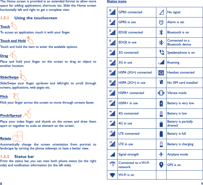 8 9The Home screen is provided in an extended format to allow more space for adding applications, shortcuts etc. Slide the Home screen horizontally left and right to get a complete view. 1�3�1  Using the touchscreenTouch To access an application, touch it with your finger.Touch and Hold Touch and hold the item to enter the available options. Drag Place and hold your finger on the screen to drag an object to another location.Slide/Swipe Slide/Swipe your finger up/down and left/right to scroll through screens, applications, web pages etc.Flick Flick your finger across the screen to move through screens faster.Pinch/Spread Place your index finger and thumb on the screen and draw them apart or together to scale an element on the screen.Rotate Automatically change the screen orientation from portrait to landscape by turning the phone sideways to have a better view.1�3�2  Status barFrom the status bar, you can view both phone status (to the right side) and notification information (to the left side). Status iconsGPRS connected No signalGPRS in use Alarm is setEDGE connected Bluetooth is onEDGE in use Connected to a Bluetooth device3G connected  Speakerphone is on3G in use RoamingHSPA (3G+) connected Headset connectedHSPA (3G+) in use No SIM card installedHSPA+ connected Vibrate modeHSPA+ in use Battery is very low4G connected Battery is low4G in use Battery is partially drainedLTE connected Battery is fullLTE in use Battery is chargingSignal strength Airplane modeConnected to a Wi-Fi network GPS is onWi-Fi is on