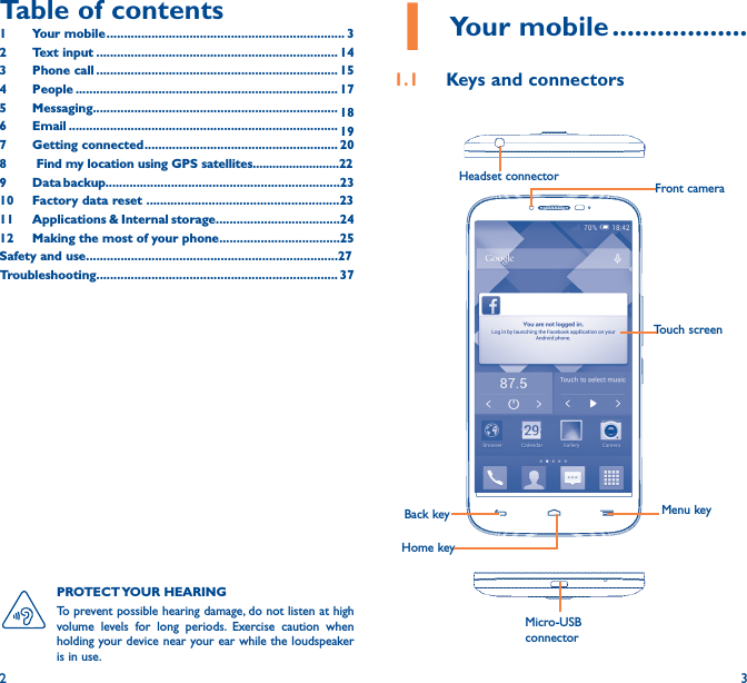 2 3Table of contents1  Your mobile ��������������������������������������������������������������������� 32  Text input ���������������������������������������������������������������������� 143  Phone call ���������������������������������������������������������������������� 154 People ���������������������������������������������������������������������������� 175 Messaging����������������������������������������������������������������������� 186   Email ������������������������������������������������������������������������������ 197  Getting connected �������������������������������������������������������� 208    Find my location using GPS satellites��������������������������229  Data backup��������������������������������������������������������������������2310  Factory data reset ��������������������������������������������������������2311   Applications &amp; Internal storage������������������������������������2412   Making the most of your phone�����������������������������������25Safety and use�������������������������������������������������������������������������27Troubleshooting���������������������������������������������������������������������� 371 Your mobile ������������������1�1  Keys and connectorsHeadset connector Back keyFront cameraHome keyMenu keyMicro-USB connectorTouch screenPROTECT YOUR  HEARING To prevent possible hearing damage, do not listen at high volume levels for long periods. Exercise caution when holding your device near your ear while the loudspeaker is in use.