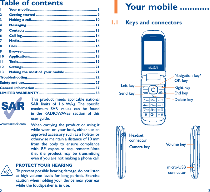 2 31 Your mobile ������������1�1  Keys and connectorsLeft key Right keyNavigation key/ OK keyEnd keyDelete keySend keyVolume keymicro-USB connectorHeadset connectorCamera keyPROTECT YOUR  HEARING To prevent possible hearing damage, do not listen at high volume levels for long periods. Exercise caution when holding your device near your ear while the loudspeaker is in use.This product meets applicable national SAR limits of 1.6 W/kg. The specific maximum SAR values can be found in the RADIOWAVES section of this user guide.When carrying the product or using it while worn on your body, either use an approved accessory such as a holster or otherwise maintain a distance of 10 mm from the body to ensure compliance with RF exposure requirements.Note that the product may be transmitting even if you are not making a phone call.www.sar-tick.comTable of contents1  Your mobile ��������������������������������������������������������������������� 32  Getting started ��������������������������������������������������������������� 93  Making a call ������������������������������������������������������������������ 104 Messaging����������������������������������������������������������������������� 115 Contacts ������������������������������������������������������������������������ 136   Call  log ��������������������������������������������������������������������������� 147 Media ������������������������������������������������������������������������������ 148 Files �������������������������������������������������������������������������������� 169 Browser �������������������������������������������������������������������������� 1710 Applications ������������������������������������������������������������������� 1811   Tools ������������������������������������������������������������������������������� 1912   Settings �������������������������������������������������������������������������� 2113   Making the most of  your mobile ������������������������������� 21Troubleshooting���������������������������������������������������������������������� 22Safety and use ������������������������������������������������������������������������� 27General information �������������������������������������������������������������� 37LIMITED WARRANTY ���������������������������������������������������������� 38