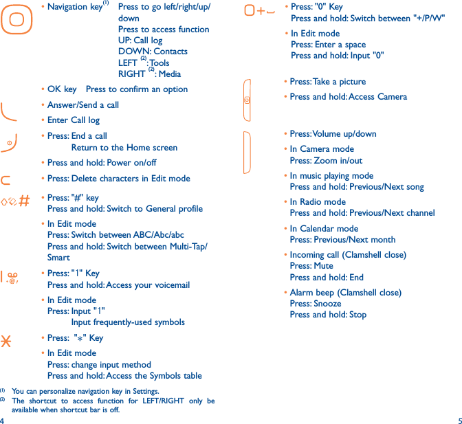 4 5•Press: &quot;0&quot; Key Press and hold: Switch between &quot;+/P/W&quot;•In Edit mode Press: Enter a space Press and hold: Input &quot;0&quot;•Press: Take a picture•Press and hold: Access Camera•Press: Volume  up/down•In Camera mode Press: Zoom in/out•In music playing mode Press and hold: Previous/Next song•In Radio mode Press and hold: Previous/Next channel•In Calendar mode Press: Previous/Next month•Incoming call (Clamshell close) Press: Mute Press and hold: End•Alarm beep (Clamshell close) Press: Snooze Press and hold: Stop•Navigation key(1)  Press to go left/right/up/down Press to access function UP: Call log DOWN: Contacts LEFT (2): Tools RIGHT (2): Media•OK key  Press to confirm an option•Answer/Send a call•Enter Call log•Press:  End a call  Return to the Home screen•Press and hold: Power on/off•Press: Delete characters in Edit mode•Press: &quot;#&quot; key Press and hold: Switch to General profile•In Edit mode Press: Switch between ABC/Abc/abc Press and hold: Switch between Multi-Tap/Smart•Press: &quot;1&quot; Key Press and hold: Access your voicemail•In Edit mode Press:  Input &quot;1&quot;  Input frequently-used symbols•Press:  &quot;  &quot; Key•In Edit mode Press: change input method  Press and hold: Access the Symbols table *(1)  You can personalize navigation key in Settings.(2)  The shortcut to access function for LEFT/RIGHT only be available when shortcut bar is off.