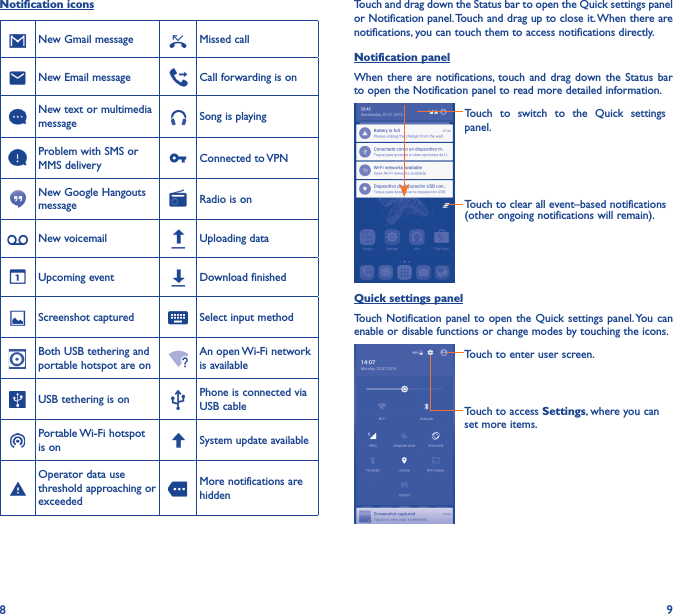 8 9Notification iconsNew Gmail message Missed callNew Email message Call forwarding is onNew text or multimedia message Song is playingProblem with SMS or MMS delivery Connected  to VPNNew Google Hangouts message Radio is onNew voicemail Uploading dataUpcoming event Download finishedScreenshot captured Select input methodBoth USB tethering and portable hotspot are onAn open Wi-Fi network is availableUSB tethering is on Phone is connected via USB cablePortable Wi-Fi  hotspot is on System update availableOperator data use threshold approaching or exceededMore notifications are hiddenTouch and drag down the Status bar to open the Quick settings panel or Notification panel. Touch and drag up to close it. When there are notifications, you can touch them to access notifications directly.Notification panelWhen there are notifications, touch and drag down the Status bar to open the Notification panel to read more detailed information.Touch to clear all event–based notifications (other ongoing notifications will remain).Touch to switch to the Quick settings panel.Quick settings panelTouch Notification panel to open the Quick settings panel. You can enable or disable functions or change modes by touching the icons.Touch to enter user screen.Touch to access Settings, where you can set more items.