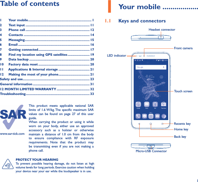11 Your mobile ������������������1�1  Keys and connectorsMicro-USB ConnectorFront cameraHeadset connectorLED indicatorHome keyTouch screenBack keyRecents keyPROTECT YOUR HEARINGTo  prevent  possible  hearing  damage,  do  not  listen  at  high volume levels for long periods. Exercise caution when holding your device near your ear while the loudspeaker is in use.www.sar-tick.comThis  product  meets  applicable  national  SAR limits of  1.6 W/kg. The specific maximum  SAR values  can  be  found  on  page  27  of  this  user guide.When  carrying  the  product  or  using  it  while worn  on  your  body,  either  use  an  approved accessory  such  as  a  holster  or  otherwise maintain  a  distance  of  1.0  cm  from  the  body to  ensure  compliance  with  RF  exposure requirements.  Note  that  the  product  may be  transmitting  even  if  you  are  not  making  a phone call.Table of contents1 Your mobile ��������������������������������������������������������������������� 12  Text input ���������������������������������������������������������������������� 113  Phone call ���������������������������������������������������������������������� 124  Contacts ������������������������������������������������������������������������ 145  Messaging����������������������������������������������������������������������� 156   Email ������������������������������������������������������������������������������ 167  Getting connected �������������������������������������������������������� 178  Find my location using GPS satellites ������������������������ 199  Data backup ������������������������������������������������������������������ 2010  Factory data reset �������������������������������������������������������� 2011   Applications &amp; Internal storage ���������������������������������� 2112   Making the most of your phone ���������������������������������� 21Safety and use ������������������������������������������������������������������������� 23General information �������������������������������������������������������������� 3112 MONTH LIMITED WARRANTY ������������������������������������ 32Troubleshooting���������������������������������������������������������������������� 33