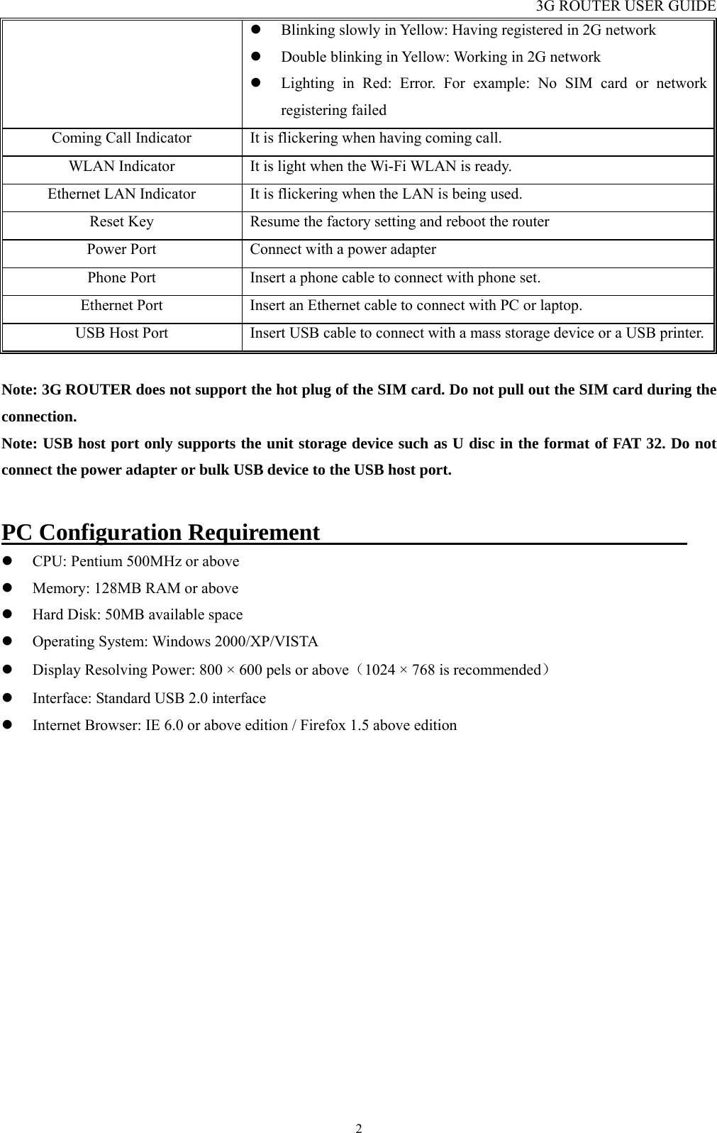 3G ROUTER USER GUIDE  2z Blinking slowly in Yellow: Having registered in 2G network z Double blinking in Yellow: Working in 2G network z Lighting in Red: Error. For example: No SIM card or network registering failed Coming Call Indicator  It is flickering when having coming call. WLAN Indicator  It is light when the Wi-Fi WLAN is ready. Ethernet LAN Indicator  It is flickering when the LAN is being used. Reset Key  Resume the factory setting and reboot the router Power Port  Connect with a power adapter Phone Port  Insert a phone cable to connect with phone set. Ethernet Port  Insert an Ethernet cable to connect with PC or laptop. USB Host Port  Insert USB cable to connect with a mass storage device or a USB printer. Note: 3G ROUTER does not support the hot plug of the SIM card. Do not pull out the SIM card during the connection.  Note: USB host port only supports the unit storage device such as U disc in the format of FAT 32. Do not connect the power adapter or bulk USB device to the USB host port.  PC Configuration Requirement                                 z CPU: Pentium 500MHz or above z Memory: 128MB RAM or above z Hard Disk: 50MB available space z Operating System: Windows 2000/XP/VISTA z Display Resolving Power: 800 × 600 pels or above（1024 × 768 is recommended） z Interface: Standard USB 2.0 interface z Internet Browser: IE 6.0 or above edition / Firefox 1.5 above edition 