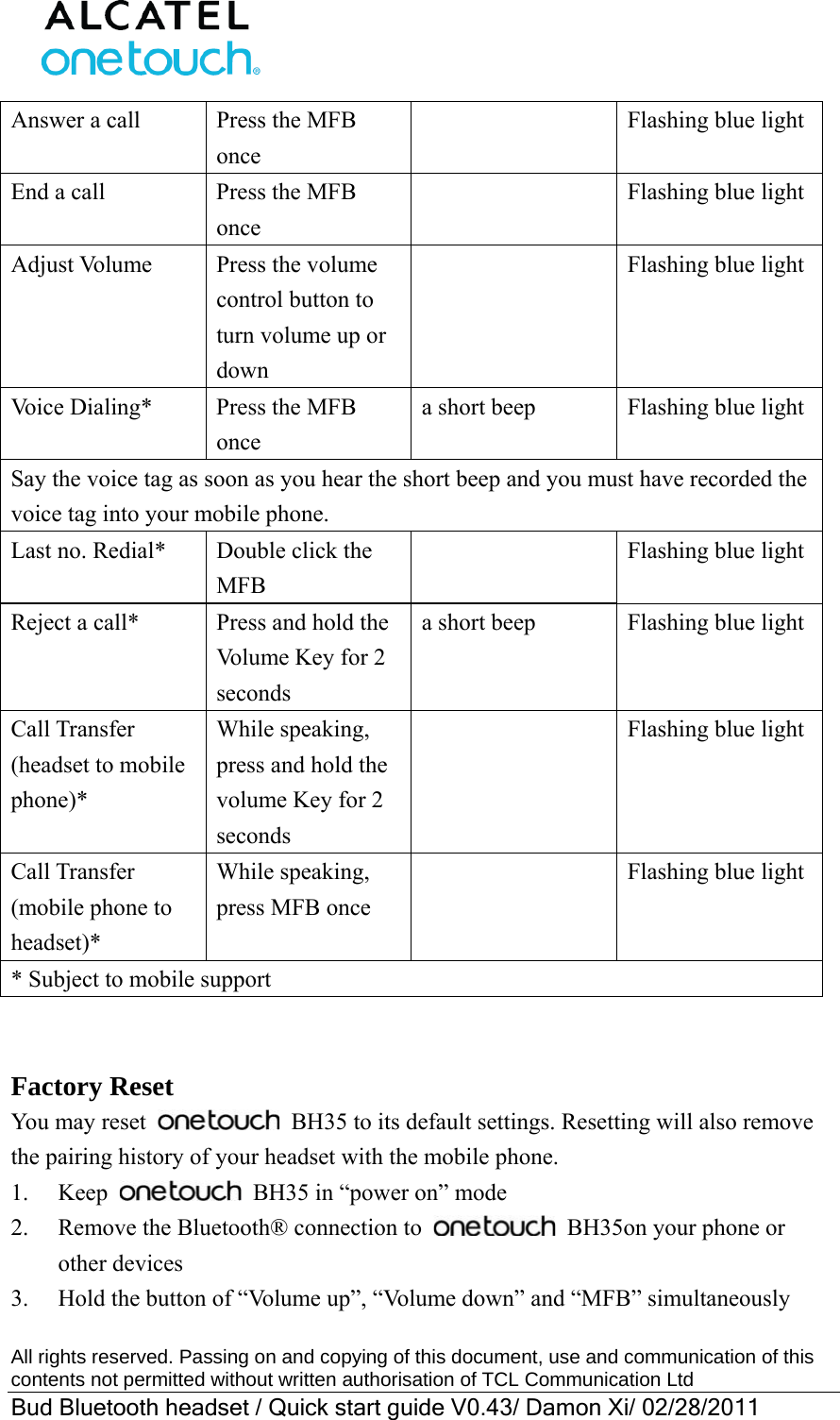  All rights reserved. Passing on and copying of this document, use and communication of this contents not permitted without written authorisation of TCL Communication Ltd Bud Bluetooth headset / Quick start guide V0.43/ Damon Xi/ 02/28/2011  Answer a call  Press the MFB once   Flashing blue lightEnd a call  Press the MFB once   Flashing blue lightAdjust Volume  Press the volume control button to turn volume up or down   Flashing blue lightVoice Dialing*  Press the MFB once a short beep  Flashing blue lightSay the voice tag as soon as you hear the short beep and you must have recorded the voice tag into your mobile phone. Last no. Redial*  Double click the MFB   Flashing blue lightReject a call*  Press and hold the Volume Key for 2 seconds a short beep  Flashing blue lightCall Transfer (headset to mobile phone)* While speaking, press and hold the volume Key for 2 seconds   Flashing blue lightCall Transfer (mobile phone to headset)* While speaking, press MFB once   Flashing blue light* Subject to mobile support   Factory Reset You may reset   BH35 to its default settings. Resetting will also remove the pairing history of your headset with the mobile phone. 1. Keep   BH35 in “power on” mode 2.  Remove the Bluetooth® connection to    BH35on your phone or other devices 3.  Hold the button of “Volume up”, “Volume down” and “MFB” simultaneously 