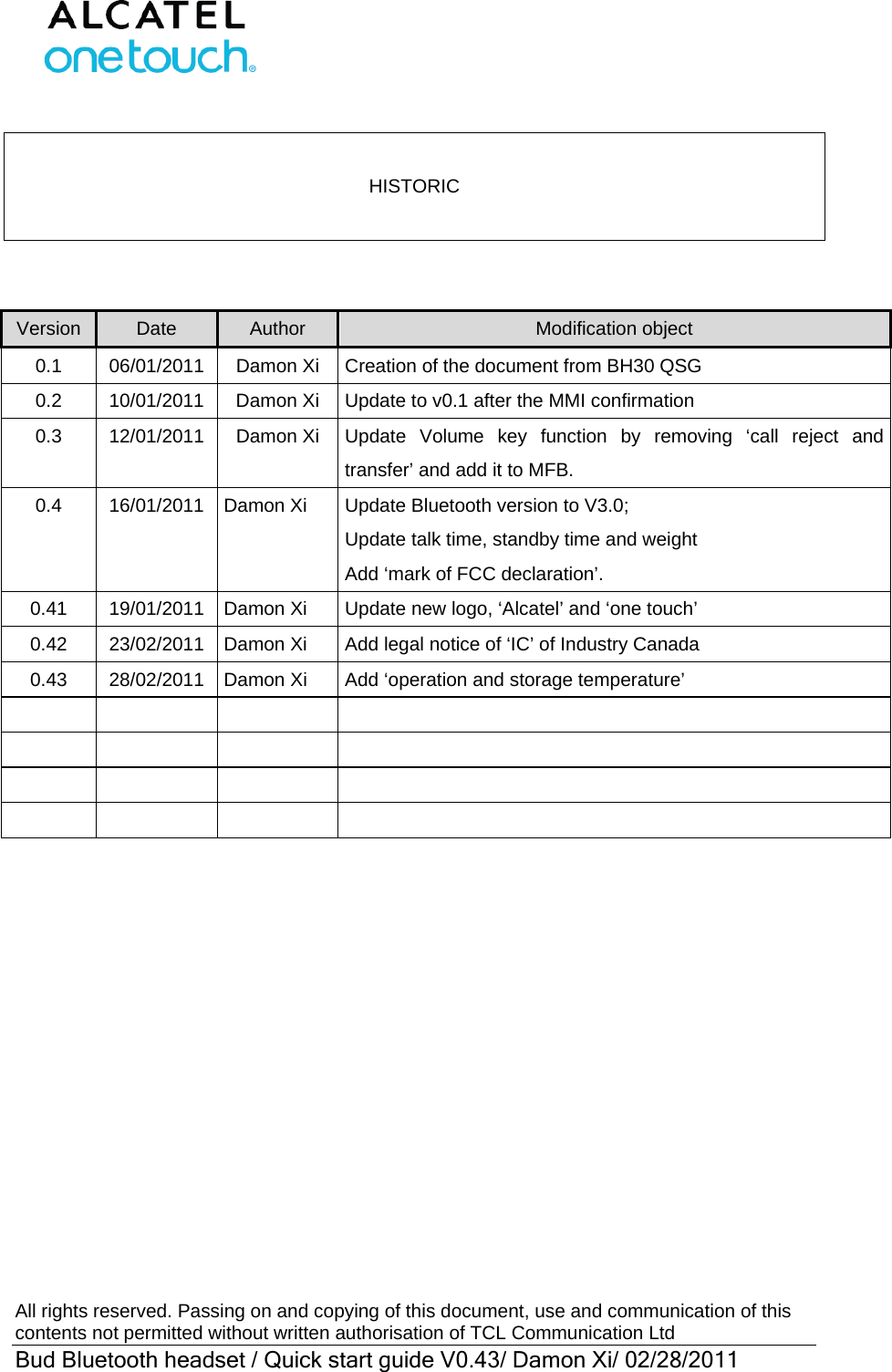  All rights reserved. Passing on and copying of this document, use and communication of this contents not permitted without written authorisation of TCL Communication Ltd Bud Bluetooth headset / Quick start guide V0.43/ Damon Xi/ 02/28/2011    HISTORIC    Version  Date  Author  Modification object 0.1 06/01/2011 Damon Xi Creation of the document from BH30 QSG   0.2  10/01/2011  Damon Xi  Update to v0.1 after the MMI confirmation   0.3  12/01/2011  Damon Xi  Update Volume key function by removing ‘call reject and transfer’ and add it to MFB. 0.4  16/01/2011  Damon Xi  Update Bluetooth version to V3.0; Update talk time, standby time and weight Add ‘mark of FCC declaration’. 0.41  19/01/2011  Damon Xi  Update new logo, ‘Alcatel’ and ‘one touch’ 0.42  23/02/2011  Damon Xi  Add legal notice of ‘IC’ of Industry Canada 0.43  28/02/2011  Damon Xi  Add ‘operation and storage temperature’                       