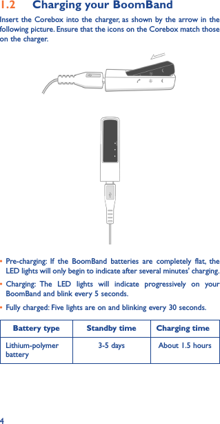 41.2  Charging your BoomBandInsert the Corebox into the charger, as shown by the arrow in the following picture. Ensure that the icons on the Corebox match those on the charger.• Pre-charging: If the BoomBand batteries are completely flat, the LED lights will only begin to indicate after several minutes&apos; charging.• Charging: The LED lights will indicate progressively on your BoomBand and blink every 5 seconds.• Fully charged: Five lights are on and blinking every 30 seconds.Battery type Standby time Charging timeLithium-polymer battery3-5 days About 1.5 hours