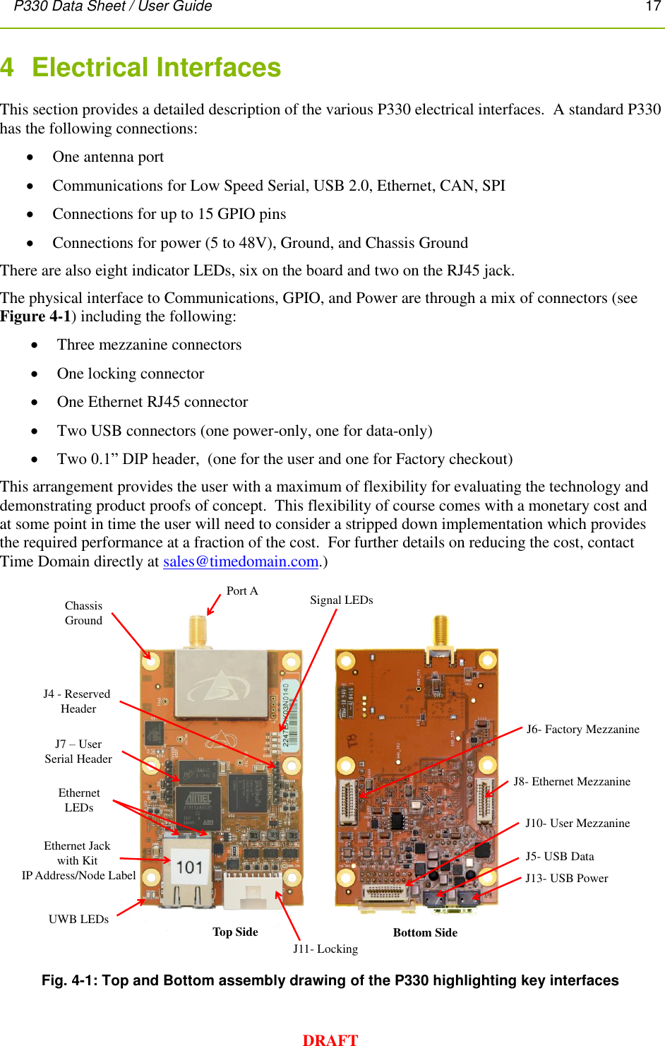 P330 Data Sheet / User Guide       17        DRAFT 4  Electrical Interfaces This section provides a detailed description of the various P330 electrical interfaces.  A standard P330 has the following connections:  One antenna port  Communications for Low Speed Serial, USB 2.0, Ethernet, CAN, SPI  Connections for up to 15 GPIO pins   Connections for power (5 to 48V), Ground, and Chassis Ground There are also eight indicator LEDs, six on the board and two on the RJ45 jack. The physical interface to Communications, GPIO, and Power are through a mix of connectors (see Figure 4-1) including the following:  Three mezzanine connectors  One locking connector  One Ethernet RJ45 connector  Two USB connectors (one power-only, one for data-only)  Two 0.1” DIP header,  (one for the user and one for Factory checkout) This arrangement provides the user with a maximum of flexibility for evaluating the technology and demonstrating product proofs of concept.  This flexibility of course comes with a monetary cost and at some point in time the user will need to consider a stripped down implementation which provides the required performance at a fraction of the cost.  For further details on reducing the cost, contact Time Domain directly at sales@timedomain.com.)    Fig. 4-1: Top and Bottom assembly drawing of the P330 highlighting key interfaces Top Side Bottom SideChassis GroundJ11- LockingEthernet Jack with Kit IP Address/Node LabelJ10- User MezzanineJ13- USB Power J5- USB DataJ8- Ethernet MezzanineJ6- Factory MezzanineJ7 –User Serial HeaderJ4 - Reserved HeaderPort AUWB LEDsEthernet LEDsSignal LEDs