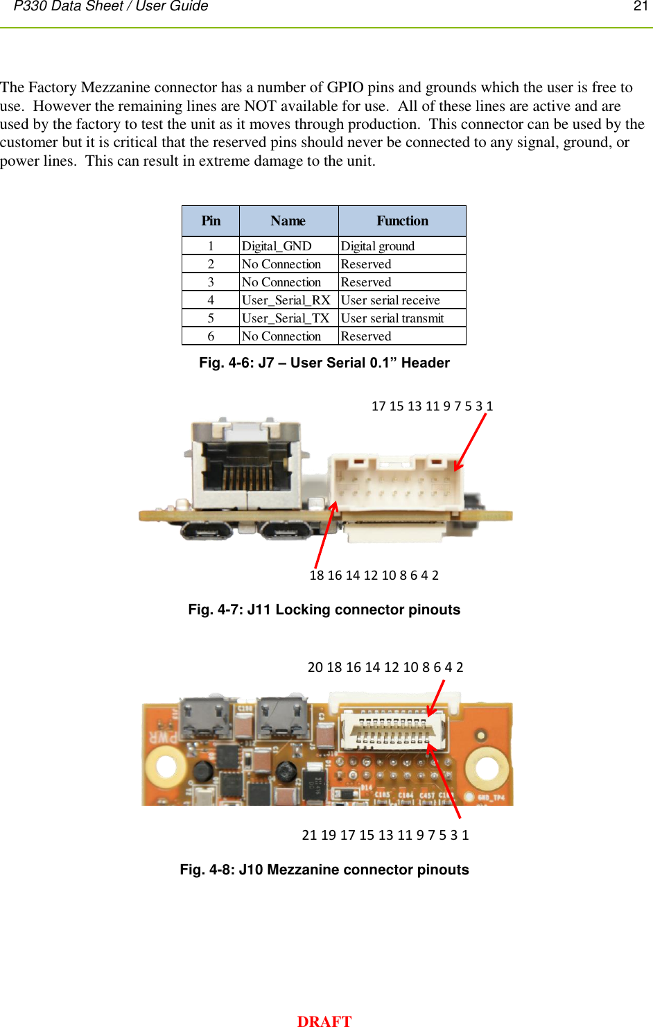 P330 Data Sheet / User Guide       21        DRAFT  The Factory Mezzanine connector has a number of GPIO pins and grounds which the user is free to use.  However the remaining lines are NOT available for use.  All of these lines are active and are used by the factory to test the unit as it moves through production.  This connector can be used by the customer but it is critical that the reserved pins should never be connected to any signal, ground, or power lines.  This can result in extreme damage to the unit.   Fig. 4-6: J7 – User Serial 0.1” Header  Fig. 4-7: J11 Locking connector pinouts   Fig. 4-8: J10 Mezzanine connector pinouts Pin Name Function1 Digital_GND Digital ground2 No Connection Reserved3 No Connection Reserved4 User_Serial_RX User serial receive5 User_Serial_TX User serial transmit6 No Connection Reserved17 15 13 11 9 7 5 3 118 16 14 12 10 8 6 4 220 18 16 14 12 10 8 6 4 221 19 17 15 13 11 9 7 5 3 1