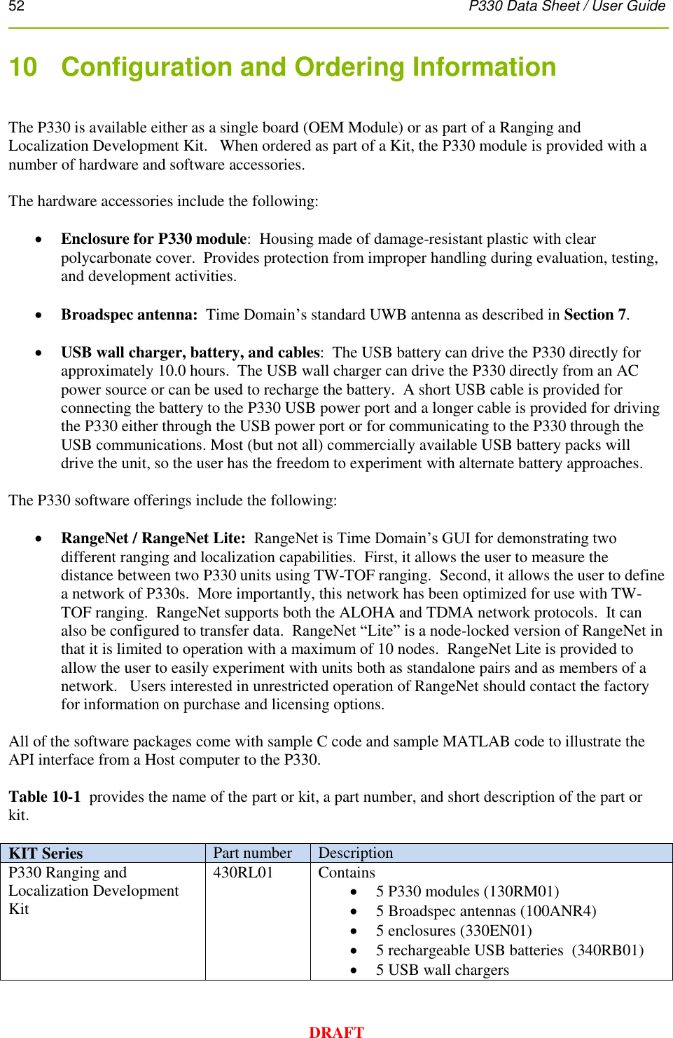 52      P330 Data Sheet / User Guide  DRAFT 10   Configuration and Ordering Information  The P330 is available either as a single board (OEM Module) or as part of a Ranging and Localization Development Kit.   When ordered as part of a Kit, the P330 module is provided with a number of hardware and software accessories.    The hardware accessories include the following:   Enclosure for P330 module:  Housing made of damage-resistant plastic with clear polycarbonate cover.  Provides protection from improper handling during evaluation, testing, and development activities.    Broadspec antenna:  Time Domain’s standard UWB antenna as described in Section 7.   USB wall charger, battery, and cables:  The USB battery can drive the P330 directly for approximately 10.0 hours.  The USB wall charger can drive the P330 directly from an AC power source or can be used to recharge the battery.  A short USB cable is provided for connecting the battery to the P330 USB power port and a longer cable is provided for driving the P330 either through the USB power port or for communicating to the P330 through the USB communications. Most (but not all) commercially available USB battery packs will drive the unit, so the user has the freedom to experiment with alternate battery approaches.  The P330 software offerings include the following:    RangeNet / RangeNet Lite:  RangeNet is Time Domain’s GUI for demonstrating two different ranging and localization capabilities.  First, it allows the user to measure the distance between two P330 units using TW-TOF ranging.  Second, it allows the user to define a network of P330s.  More importantly, this network has been optimized for use with TW-TOF ranging.  RangeNet supports both the ALOHA and TDMA network protocols.  It can also be configured to transfer data.  RangeNet “Lite” is a node-locked version of RangeNet in that it is limited to operation with a maximum of 10 nodes.  RangeNet Lite is provided to allow the user to easily experiment with units both as standalone pairs and as members of a network.   Users interested in unrestricted operation of RangeNet should contact the factory for information on purchase and licensing options.   All of the software packages come with sample C code and sample MATLAB code to illustrate the API interface from a Host computer to the P330.  Table 10-1  provides the name of the part or kit, a part number, and short description of the part or kit.    KIT Series Part number Description P330 Ranging and Localization Development Kit 430RL01  Contains  5 P330 modules (130RM01)  5 Broadspec antennas (100ANR4)  5 enclosures (330EN01)  5 rechargeable USB batteries  (340RB01)  5 USB wall chargers  