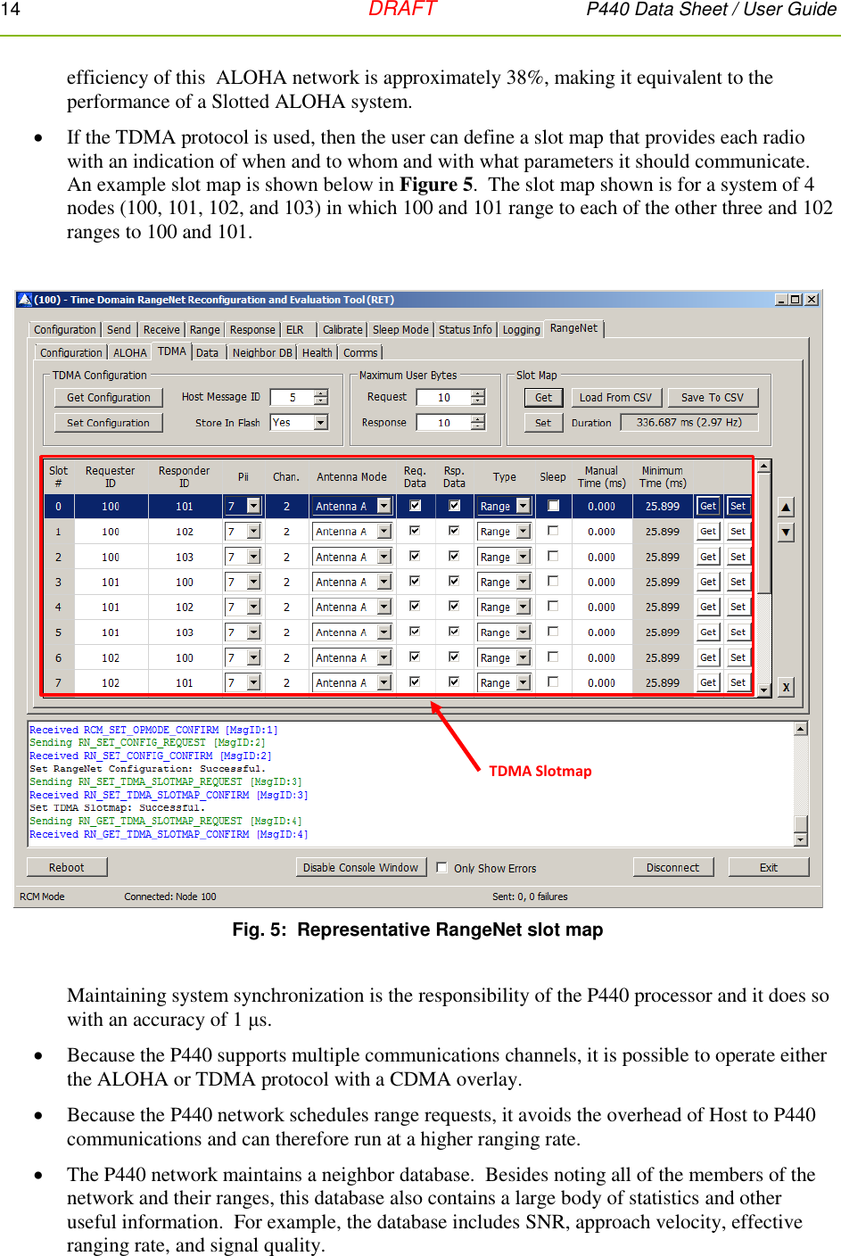 14   DRAFT P440 Data Sheet / User Guide  efficiency of this  ALOHA network is approximately 38%, making it equivalent to the performance of a Slotted ALOHA system.  If the TDMA protocol is used, then the user can define a slot map that provides each radio with an indication of when and to whom and with what parameters it should communicate. An example slot map is shown below in Figure 5.  The slot map shown is for a system of 4 nodes (100, 101, 102, and 103) in which 100 and 101 range to each of the other three and 102 ranges to 100 and 101.     Fig. 5:  Representative RangeNet slot map  Maintaining system synchronization is the responsibility of the P440 processor and it does so with an accuracy of 1 μs.  Because the P440 supports multiple communications channels, it is possible to operate either the ALOHA or TDMA protocol with a CDMA overlay.  Because the P440 network schedules range requests, it avoids the overhead of Host to P440 communications and can therefore run at a higher ranging rate.  The P440 network maintains a neighbor database.  Besides noting all of the members of the network and their ranges, this database also contains a large body of statistics and other useful information.  For example, the database includes SNR, approach velocity, effective ranging rate, and signal quality. TDMA Slotmap
