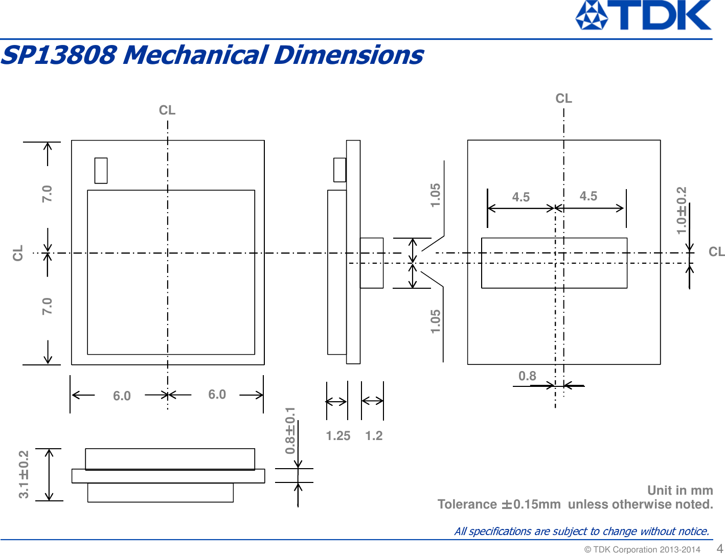 &copy; TDK Corporation 2013-2014  46.07.01.0&plusmn;&plusmn;&plusmn;&plusmn;0.20.81.21.251.054.5Unit in mmTolerance &plusmn;&plusmn;&plusmn;&plusmn;0.15mm  unless otherwise noted.3.1&plusmn;&plusmn;&plusmn;&plusmn;0.2CLCL4.5CL7.0CL6.01.05SP13808 Mechanical Dimensions0.8&plusmn;&plusmn;&plusmn;&plusmn;0.1