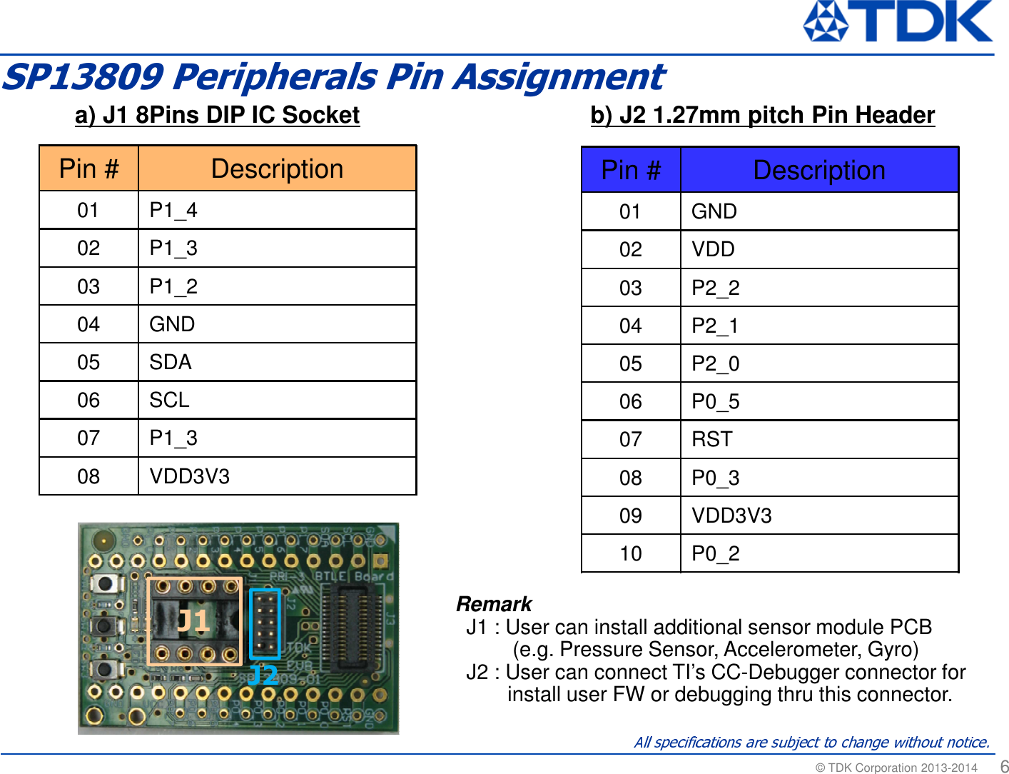 &copy; TDK Corporation 2013-2014  6SP13809 Peripherals Pin AssignmentPin # Description01 GND02 VDD03 P2_204 P2_105 P2_006 P0_507 RST08 P0_309 VDD3V310 P0_2b) J2 1.27mm pitch Pin Headera) J1 8Pins DIP IC SocketPin # Description01 P1_402 P1_303 P1_204 GND05 SDA06 SCL07 P1_308 VDD3V3J1J2RemarkJ1 : User can install additional sensor module PCB(e.g. Pressure Sensor, Accelerometer, Gyro)J2 : User can connect TI&rsquo;s CC-Debugger connector for install user FW or debugging thru this connector.