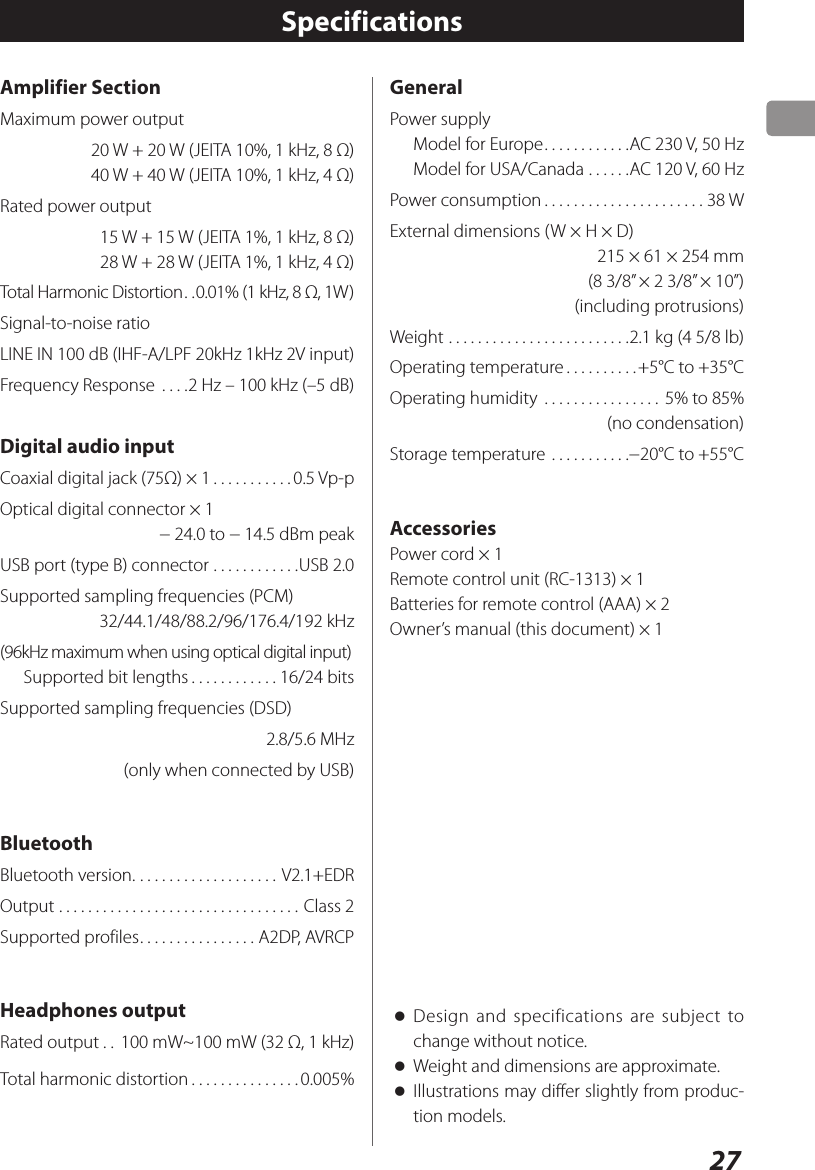 27Amplifier SectionMaximum power output20 W + 20 W (JEITA 10%, 1 kHz, 8 Ω)40 W + 40 W (JEITA 10%, 1 kHz, 4 Ω)Rated power output15 W + 15 W (JEITA 1%, 1 kHz, 8 Ω)28 W + 28 W (JEITA 1%, 1 kHz, 4 Ω)Total Harmonic Distortion ..0.01% (1 kHz, 8 Ω, 1W)Signal-to-noise ratioLINE IN 100 dB (IHF-A/LPF 20kHz 1kHz 2V input)Frequency Response  ....2 Hz – 100 kHz (–5 dB)Digital audio inputCoaxial digital jack (75Ω) × 1 ...........0.5 Vp-pOptical digital connector × 1− 24.0 to − 14.5 dBm peakUSB port (type B) connector ............USB 2.0Supported sampling frequencies (PCM)32/44.1/48/88.2/96/176.4/192 kHz(96kHz maximum when using optical digital input)Supported bit lengths ............16/24 bitsSupported sampling frequencies (DSD)2.8/5.6 MHz(only when connected by USB)BluetoothBluetooth version. ................... V2.1+EDROutput ................................. Class 2Supported profiles ................ A2DP, AVRCPHeadphones outputRated output .. 100 mW~100 mW (32 Ω, 1 kHz)Total harmonic distortion ...............0.005%Specifications oDesign and specifications are subject to change without notice. oWeight and dimensions are approximate. oIllustrations may differ slightly from produc-tion models. GeneralPower supplyModel for Europe ............AC 230 V, 50 HzModel for USA/Canada ......AC 120 V, 60 HzPower consumption ......................38 WExternal dimensions (W × H × D)215 × 61 × 254 mm(8 3/8” × 2 3/8” × 10”)(including protrusions)Weight .........................2.1 kg (4 5/8 lb)Operating temperature ..........+5°C to +35°COperating humidity  ................ 5% to 85%(no condensation)Storage temperature ...........−20°C to +55°CAccessoriesPower cord × 1Remote control unit (RC-1313) × 1Batteries for remote control (AAA) × 2Owner’s manual (this document) × 1