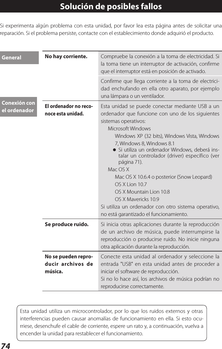 74Si experimenta algún problema con esta unidad, por favor lea esta página antes de solicitar una reparación. Si el problema persiste, contacte con el establecimiento donde adquirió el producto.No hay corriente. Compruebe la conexión a la toma de electricidad. Si la toma tiene un interruptor de activación, confirme que el interruptor está en posición de activado.Confirme que llega corriente a la toma de electrici-dad enchufando en ella otro aparato, por ejemplo una lámpara o un ventilador.El ordenador no reco-noce esta unidad.Esta unidad se puede conectar mediante USB a un ordenador que funcione con uno de los siguientes sistemas operativos:Microsoft WindowsWindows XP (32 bits), Windows Vista, Windows 7, Windows 8, Windows 8.1 oSi utiliza un ordenador Windows, deberá ins-talar un controlador (driver) específico (ver página 71).Mac OS XMac OS X 10.6.4 o posterior (Snow Leopard)OS X Lion 10.7OS X Mountain Lion 10.8OS X Mavericks 10.9Si utiliza un ordenador con otro sistema operativo, no está garantizado el funcionamiento.Se produce ruido. Si inicia otras aplicaciones durante la reproducción de un archivo de música, puede interrumpirse la reproducción o producirse ruido. No inicie ninguna otra aplicación durante la reproducción.No se pueden repro-ducir archivos de música.Conecte esta unidad al ordenador y seleccione la entrada &quot;USB&quot; en esta unidad antes de proceder a iniciar el software de reproducción.Si no lo hace así, los archivos de música podrían no reproducirse correctamente.GeneralConexión con el ordenadorEsta unidad utiliza un microcontrolador, por lo que los ruidos externos y otras interferencias pueden causar anomalías de funcionamiento en ella. Si esto ocu-rriese, desenchufe el cable de corriente, espere un rato y, a continuación, vuelva a encender la unidad para restablecer el funcionamiento.Solución de posibles fallos