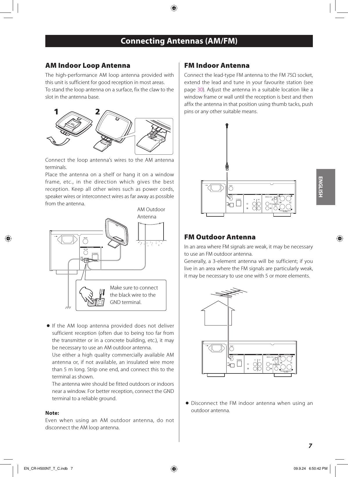 ENGLISH7FM Indoor AntennaConnect the lead-type FM antenna to the FM 75Ω socket, extend the lead and tune in your favourite station (see page 30). Adjust the antenna in a suitable location like a window frame or wall until the reception is best and then affix the antenna in that position using thumb tacks, push pins or any other suitable means.FM Outdoor AntennaIn an area where FM signals are weak, it may be necessary to use an FM outdoor antenna.Generally, a 3-element antenna will be sufficient; if you live in an area where the FM signals are particularly weak, it may be necessary to use one with 5 or more elements.&lt; Disconnect the FM indoor antenna when using an outdoor antenna.AM Indoor Loop AntennaThe high-performance AM loop antenna provided with this unit is sufficient for good reception in most areas.To stand the loop antenna on a surface, fix the claw to the slot in the antenna base.Connect the loop antenna’s wires to the AM antenna terminals.Place the antenna on a shelf or hang it on a window frame, etc., in the direction which gives the best reception. Keep all other wires such as power cords, speaker wires or interconnect wires as far away as possible from the antenna.&lt; If the AM loop antenna provided does not deliver sufficient reception (often due to being too far from the transmitter or in a concrete building, etc.), it may be necessary to use an AM outdoor antenna.  Use either a high quality commercially available AM antenna or, if not available, an insulated wire more than 5 m long. Strip one end, and connect this to the terminal as shown.  The antenna wire should be fitted outdoors or indoors near a window. For better reception, connect the GND terminal to a reliable ground.Note:Even when using an AM outdoor antenna, do not disconnect the AM loop antenna.Connecting Antennas (AM/FM)AM Outdoor AntennaMake sure to connectthe black wire to theGND terminal.EN_CR-H500NT_T_C.indb   7EN_CR-H500NT_T_C.indb   7 09.9.24   6:50:42 PM09.9.24   6:50:42 PM