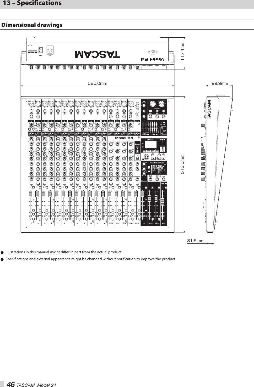 46 TASCAM  Model 2413 – SpecificationsDimensional drawings117.4mm99.9mm513.0mm580.0mm31.5.mm 0Illustrations in this manual might differ in part from the actual product. 0Specifications and external appearance might be changed without notification to improve the product.
