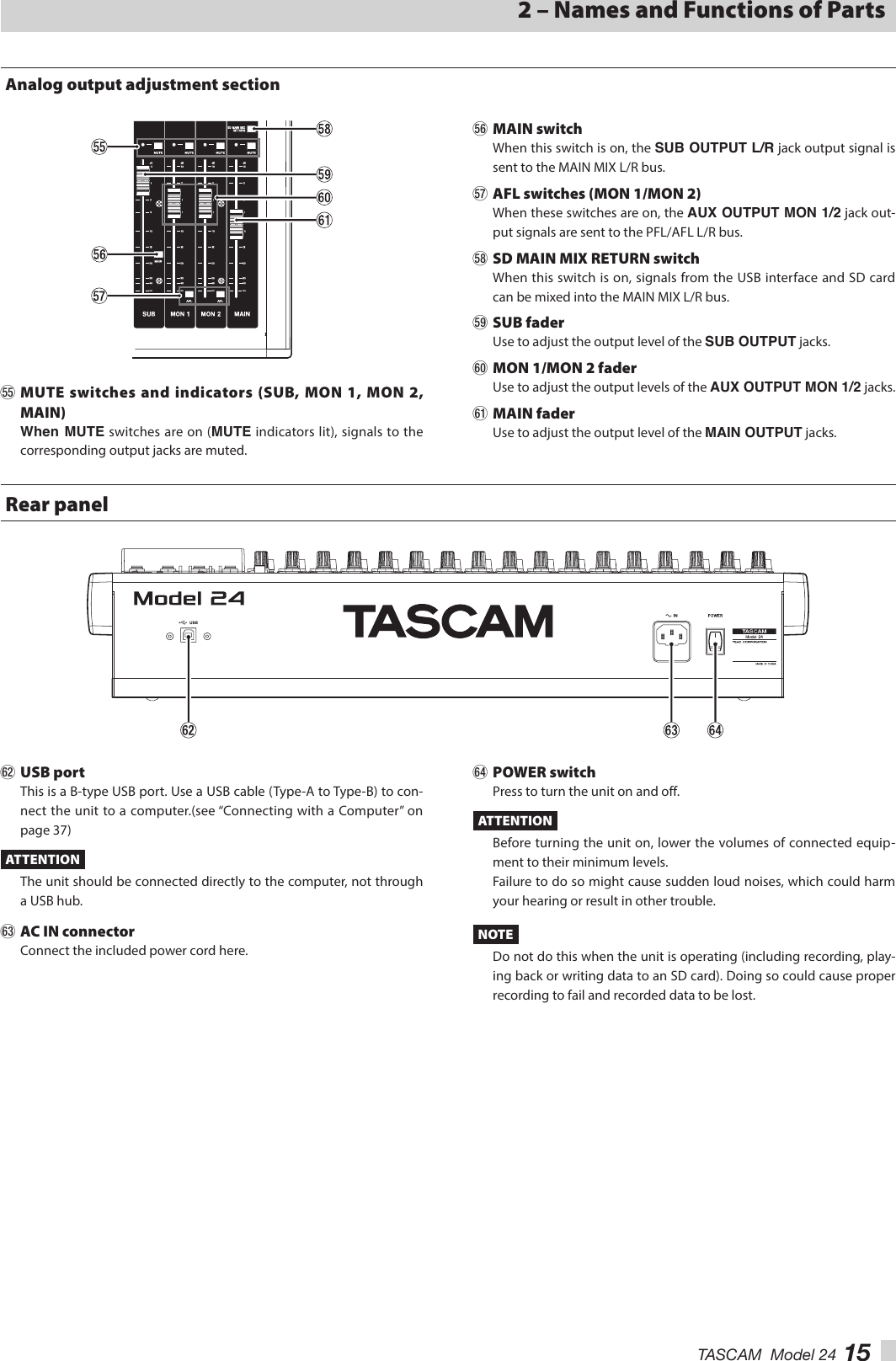 TASCAM  Model 24 152 – Names and Functions of PartsAnalog output adjustment sectionT MUTE switches and indicators (SUB, MON 1, MON 2, MAIN)When MUTE switches are on (MUTE indicators lit), signals to the corresponding output jacks are muted.Y MAIN switchWhen this switch is on, the SUB OUTPUT L/R jack output signal is sent to the MAIN MIX L/R bus.U AFL switches (MON 1/MON 2)When these switches are on, the AUX OUTPUT MON 1/2 jack out-put signals are sent to the PFL/AFL L/R bus.I SD MAIN MIX RETURN switchWhen this switch is on, signals from the USB interface and SD card can be mixed into the MAIN MIX L/R bus.O SUB faderUse to adjust the output level of the SUB OUTPUT jacks.P MON 1/MON 2 faderUse to adjust the output levels of the AUX OUTPUT MON 1/2 jacks.A MAIN faderUse to adjust the output level of the MAIN OUTPUT jacks.Rear panelS USB portThis is a B-type USB port. Use a USB cable (Type-A to Type-B) to con-nect the unit to a computer.(see “Connecting with a Computer” on page 37)ATTENTIONThe unit should be connected directly to the computer, not through a USB hub.D AC IN connectorConnect the included power cord here.F POWER switchPress to turn the unit on and off.ATTENTIONBefore turning the unit on, lower the volumes of connected equip-ment to their minimum levels.Failure to do so might cause sudden loud noises, which could harm your hearing or result in other trouble.NOTEDo not do this when the unit is operating (including recording, play-ing back or writing data to an SD card). Doing so could cause proper recording to fail and recorded data to be lost.