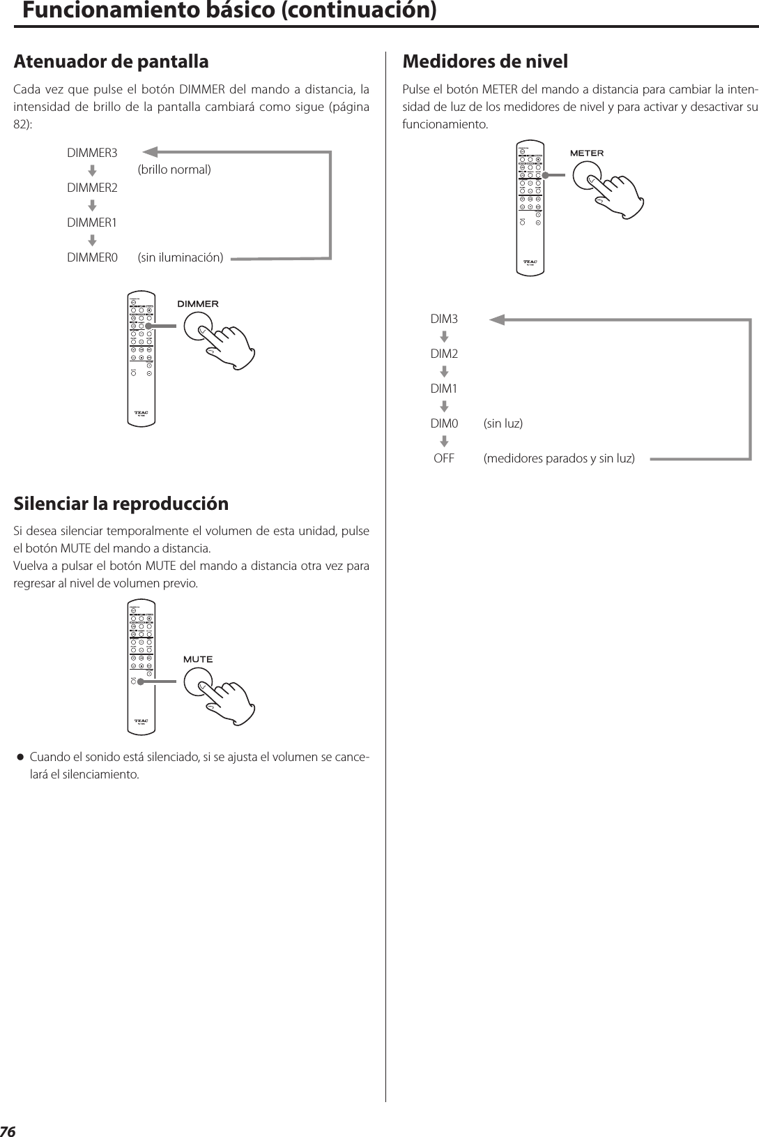 76Atenuador de pantallaCada vez que pulse el botón DIMMER del mando a distancia, la intensidad de brillo de la pantalla cambiará como sigue (página 82):DIMMER3cDIMMER2cDIMMER1cDIMMER0(brillo normal)(sin iluminación)Silenciar la reproducciónSi desea silenciar temporalmente el volumen de esta unidad, pulse el botón MUTE del mando a distancia.Vuelva a pulsar el botón MUTE del mando a distancia otra vez para regresar al nivel de volumen previo. oCuando el sonido está silenciado, si se ajusta el volumen se cance-lará el silenciamiento.Medidores de nivelPulse el botón METER del mando a distancia para cambiar la inten-sidad de luz de los medidores de nivel y para activar y desactivar su funcionamiento.DIM3cDIM2cDIM1cDIM0cOFF(sin luz)(medidores parados y sin luz)Funcionamiento básico (continuación)