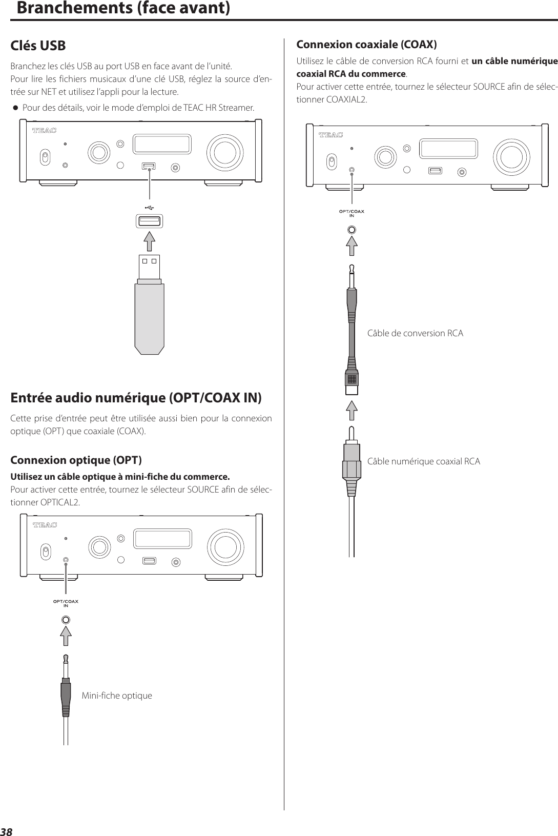 38Branchements (face avant)Clés USBBranchez les clés USB au port USB en face avant de l’unité.Pour lire les fichiers musicaux d’une clé USB, réglez la source d’en-trée sur NET et utilisez l’appli pour la lecture. oPour des détails, voir le mode d’emploi de TEAC HR Streamer.Entrée audio numérique (OPT/COAX IN)Cette prise d’entrée peut être utilisée aussi bien pour la connexion optique (OPT) que coaxiale (COAX).Connexion optique (OPT)Utilisez un câble optique à mini-fiche du commerce.Pour activer cette entrée, tournez le sélecteur SOURCE afin de sélec-tionner OPTICAL2.Mini-fiche optiqueConnexion coaxiale (COAX)Utilisez le câble de conversion RCA fourni et un câble numérique coaxial RCA du commerce.Pour activer cette entrée, tournez le sélecteur SOURCE afin de sélec-tionner COAXIAL2.Câble de conversion RCACâble numérique coaxial RCA