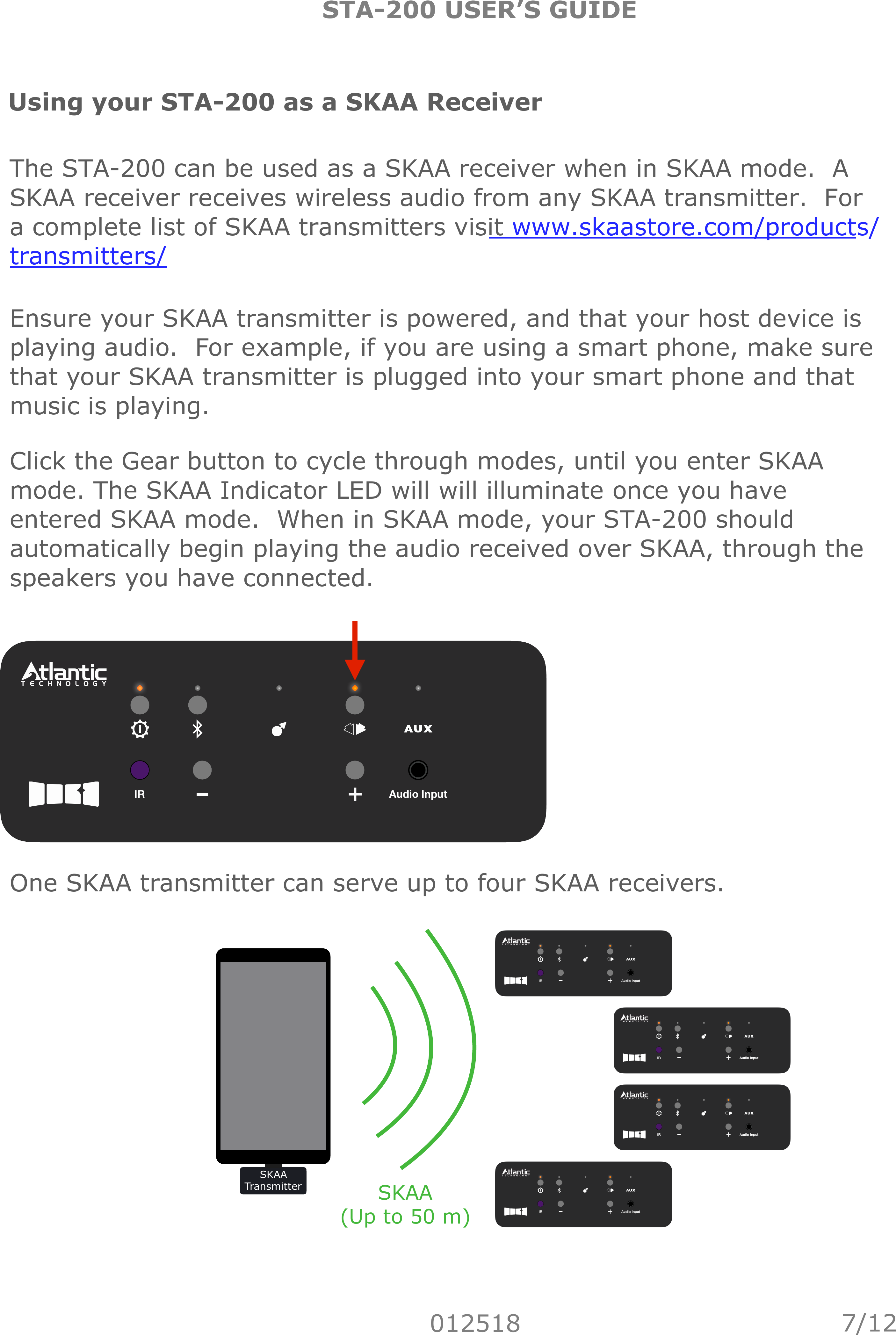 STA-200 USER’S GUIDE012518Using your STA-200 as a SKAA ReceiverThe STA-200 can be used as a SKAA receiver when in SKAA mode.  A SKAA receiver receives wireless audio from any SKAA transmitter.  For a complete list of SKAA transmitters visit www.skaastore.com/products/transmitters/Ensure your SKAA transmitter is powered, and that your host device is playing audio.  For example, if you are using a smart phone, make sure that your SKAA transmitter is plugged into your smart phone and that music is playing.Click the Gear button to cycle through modes, until you enter SKAA mode. The SKAA Indicator LED will will illuminate once you have entered SKAA mode.  When in SKAA mode, your STA-200 should automatically begin playing the audio received over SKAA, through the speakers you have connected.IRAudio InputOne SKAA transmitter can serve up to four SKAA receivers.SKAA Transmitter7/12SKAA!(Up to 50 m)