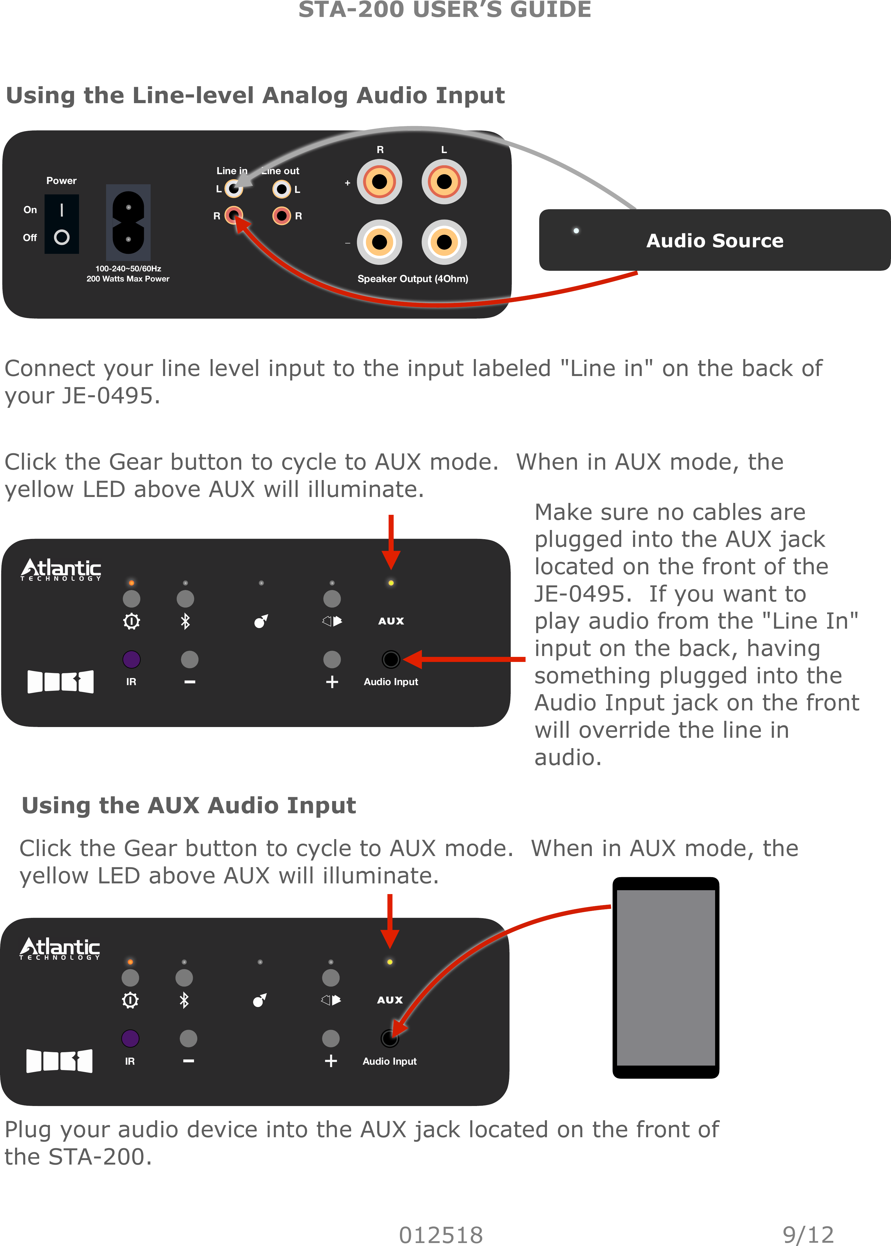 STA-200 USER’S GUIDE012518Speaker Output (4Ohm)LLRRLine inLine outRL+_PowerOnOﬀ100-240~50/60Hz 200 Watts Max Power Using the Line-level Analog Audio Input9/12Connect your line level input to the input labeled &quot;Line in&quot; on the back of your JE-0495. Audio SourceIR Audio InputClick the Gear button to cycle to AUX mode.  When in AUX mode, the yellow LED above AUX will illuminate.Make sure no cables are plugged into the AUX jack located on the front of the JE-0495.  If you want to play audio from the &quot;Line In&quot; input on the back, having something plugged into the Audio Input jack on the front will override the line in audio.Using the AUX Audio InputIR Audio InputClick the Gear button to cycle to AUX mode.  When in AUX mode, the yellow LED above AUX will illuminate.Plug your audio device into the AUX jack located on the front of the STA-200.